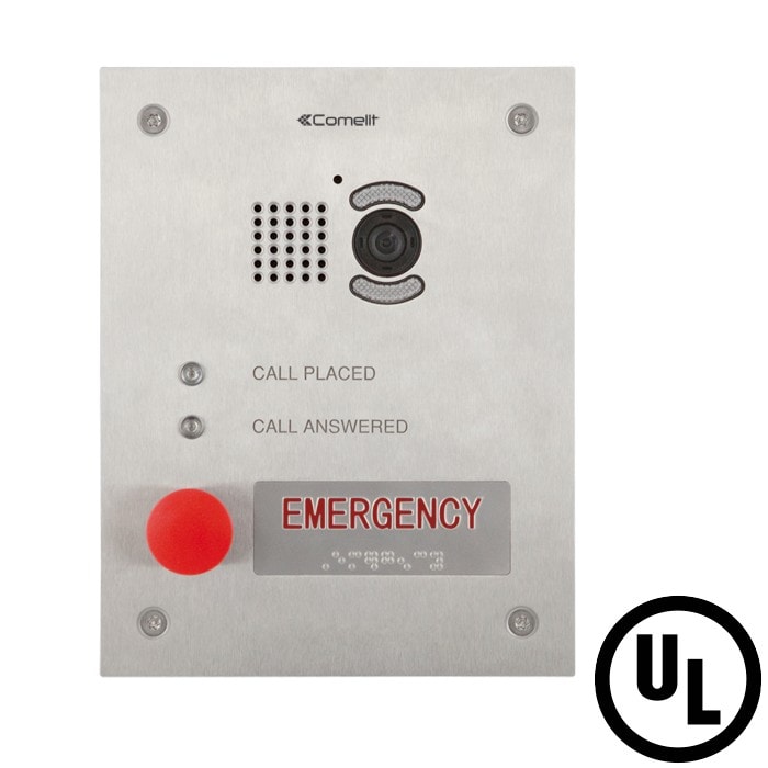 Comelit - Série Urgence - Interphone vidéo encastré inox, 1 bouton braille, PoE, LED