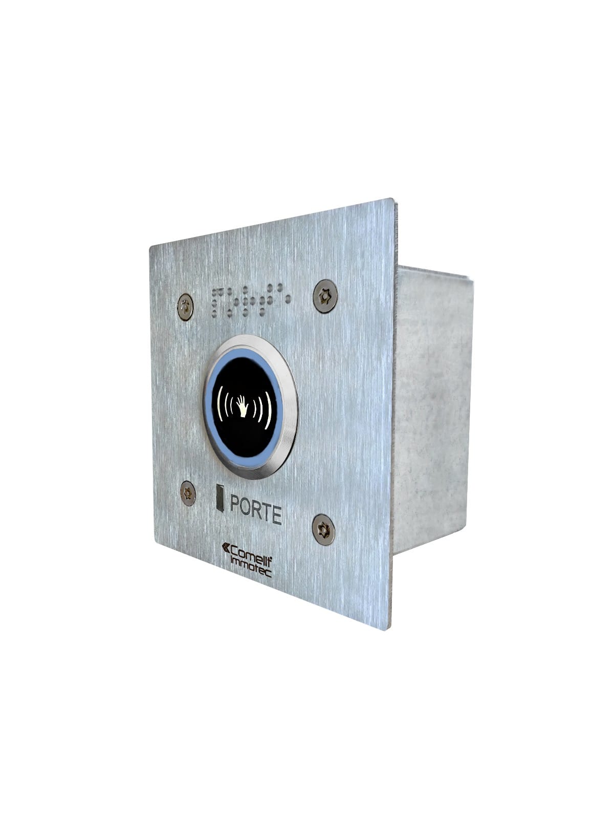 Comelit - Bouton infrarouge lumineux sur façade inox 100×100 mm.
