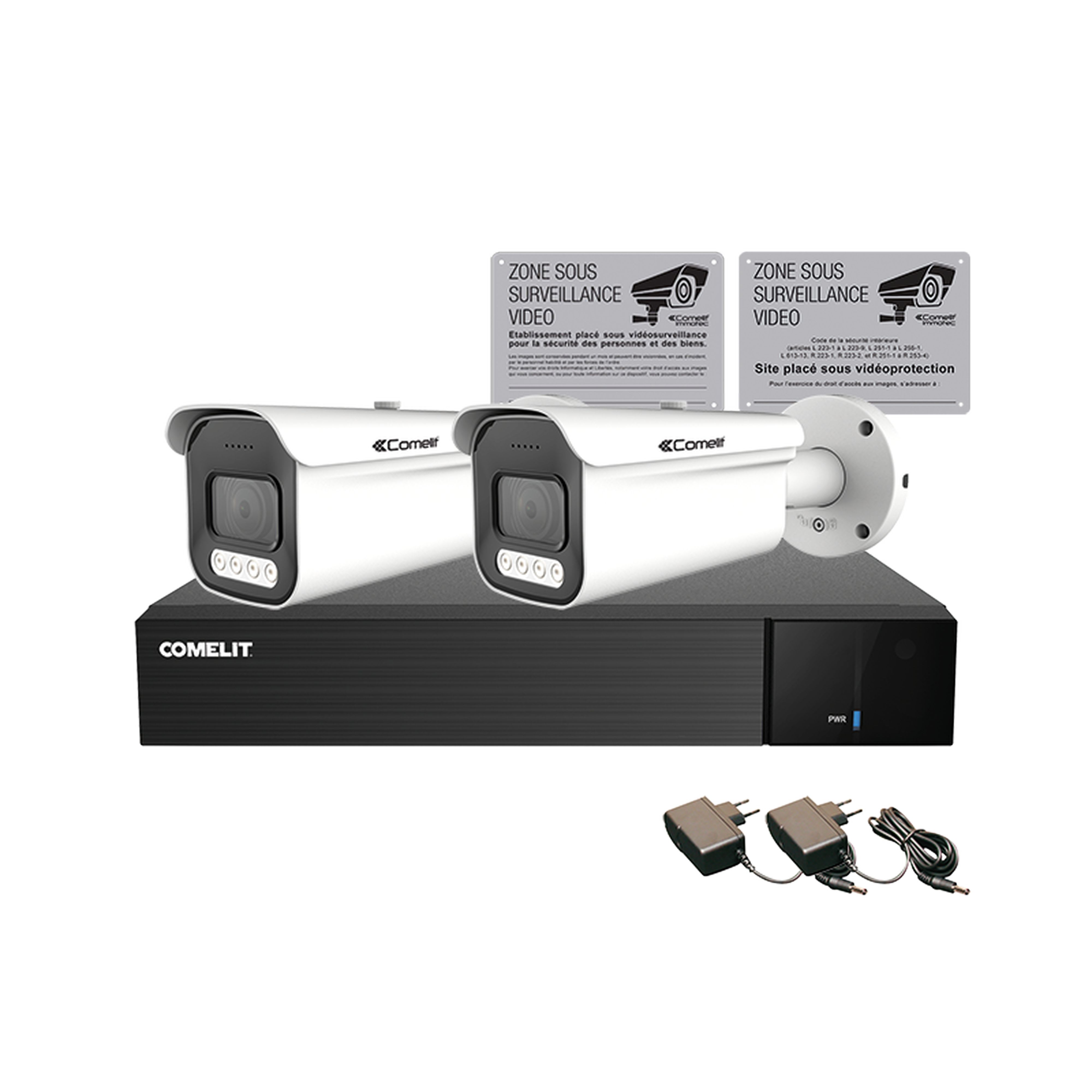 Comelit - Kit AHD, 1 x AHDVR004N05A, 2 x AHBCAMS05ZB, 2 x 43082, 1 x 43502C, 1 x 43502D