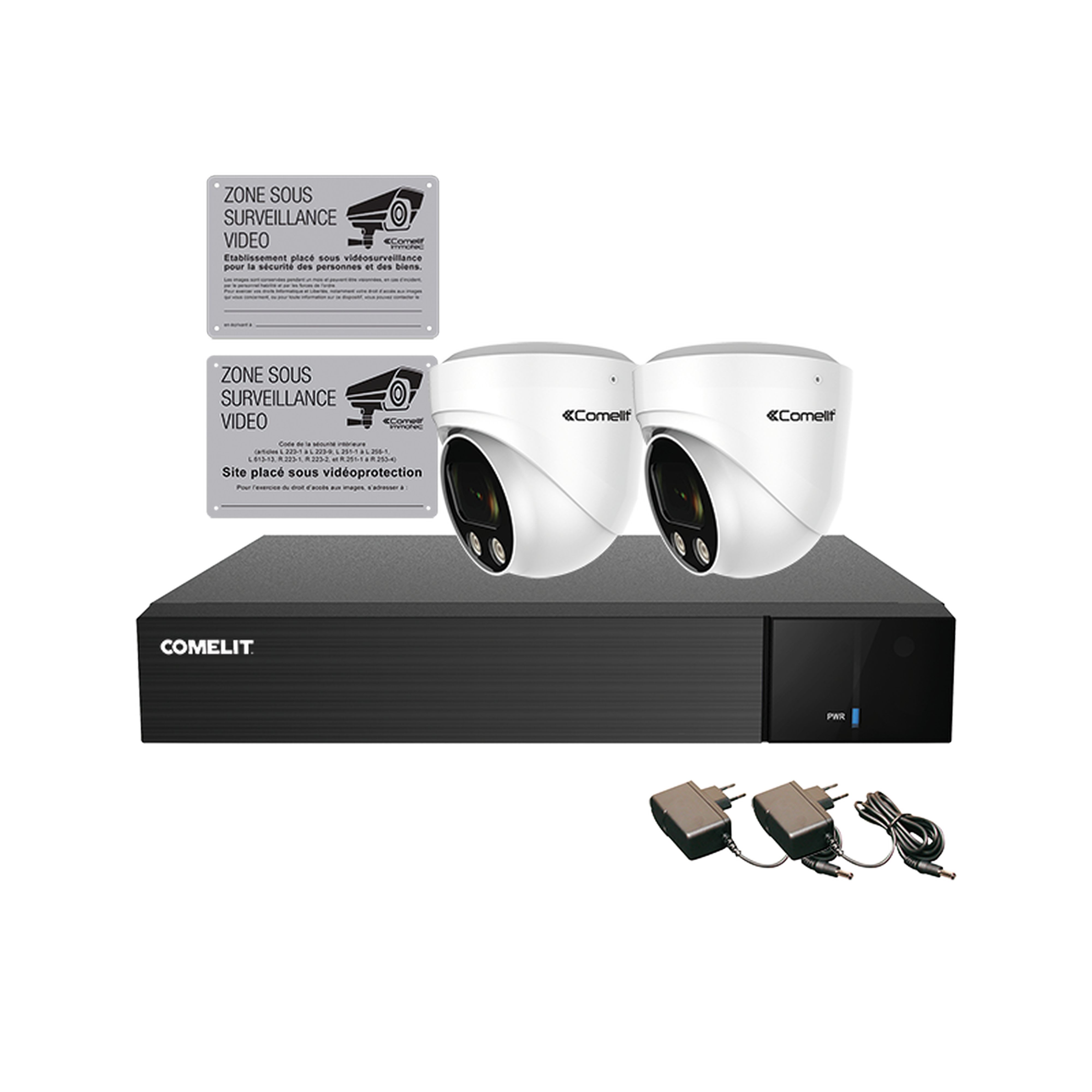 Comelit - Kit AHD, 1 x AHDVR004N05A, 2 x AHDCAMS05ZB, 2 x 43082, 1 x 43502C, 1 x 43502D