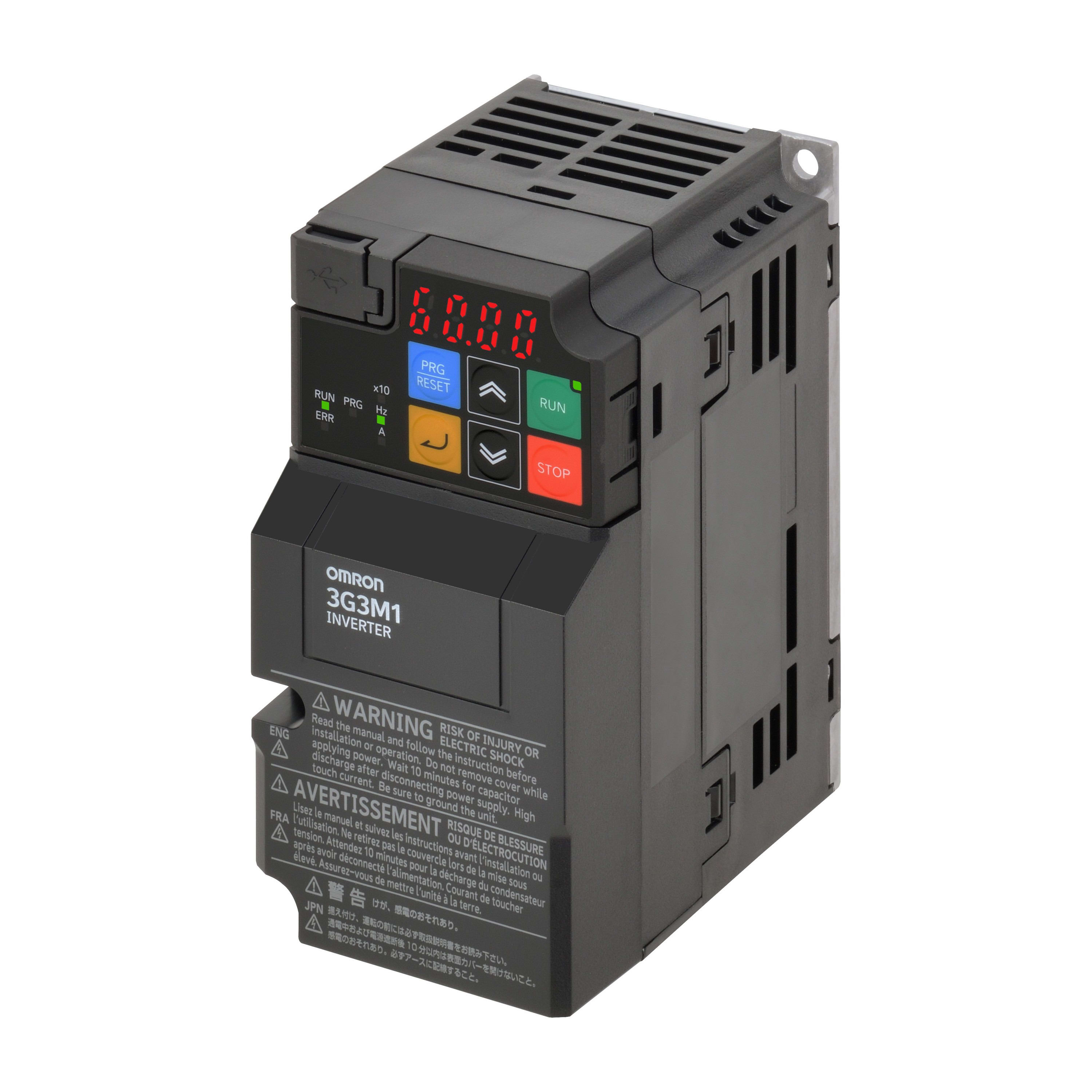 Omron - M1 AC Drive, 0,4/0,55 kW (HD/ND), 3,0/3,5 A (HD/ND), 200 VAC, entrée 1