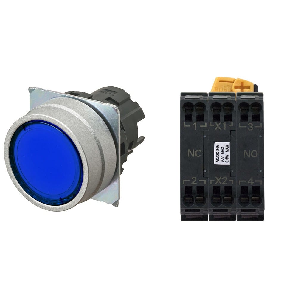 Omron - Bouton poussoir A22NL Ø22, lentille métal brossé, plat, momentané, capuchon bleu