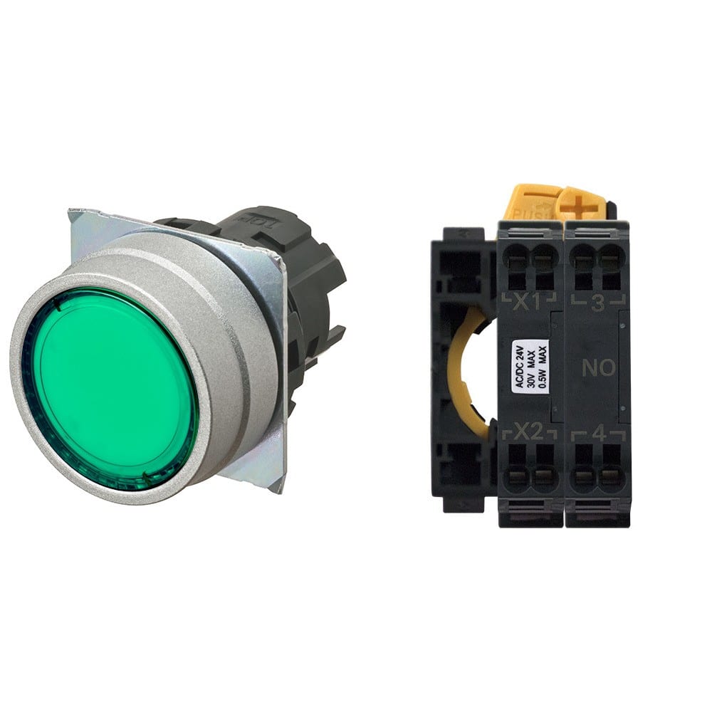 Omron - Bouton poussoir A22NL Ø22, lentille métal brossé, plat, momentané, capuchon vert