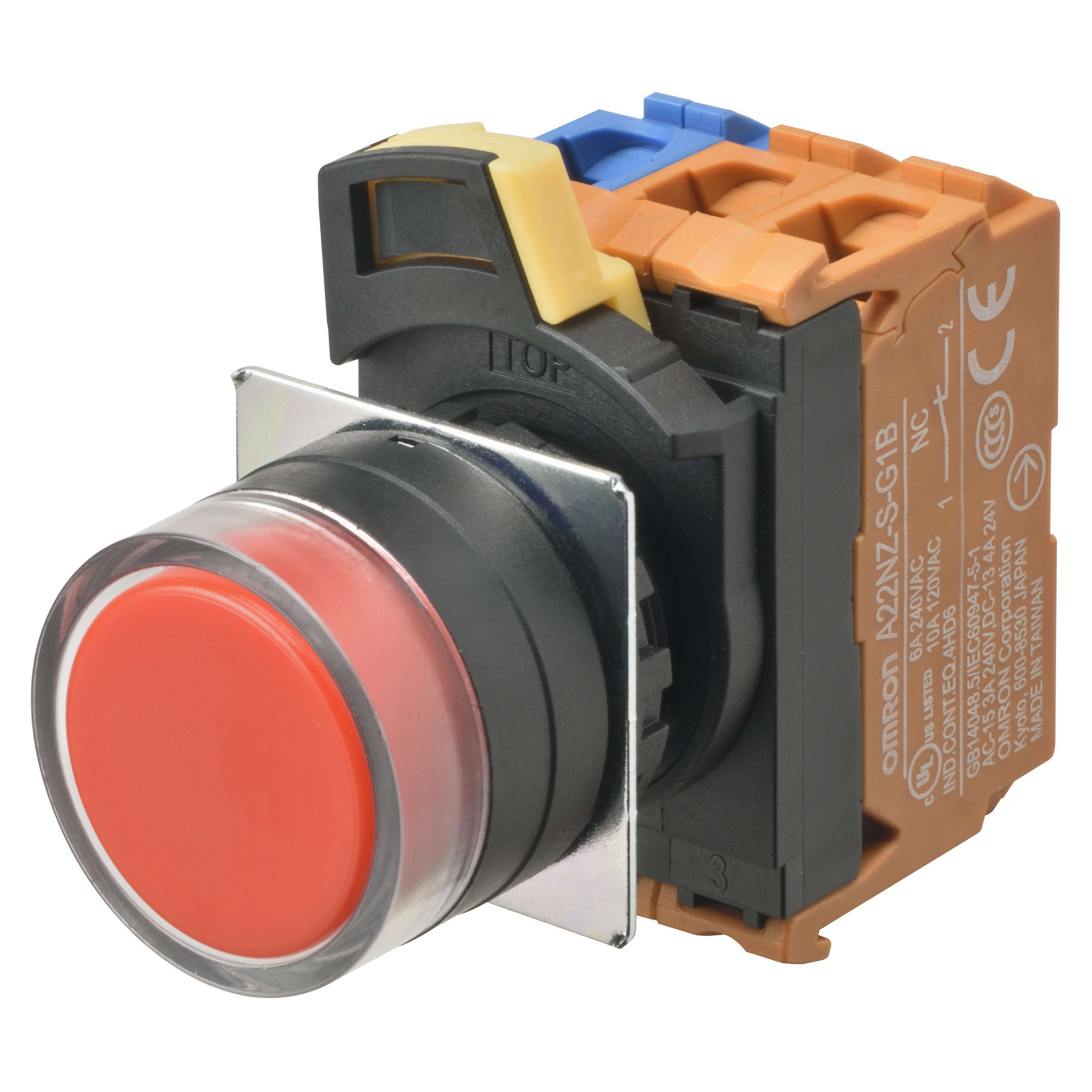 Omron - Bouton poussoir A22NN Ø22, lentille plastique, Protégé, Momentané, Couleur bouto