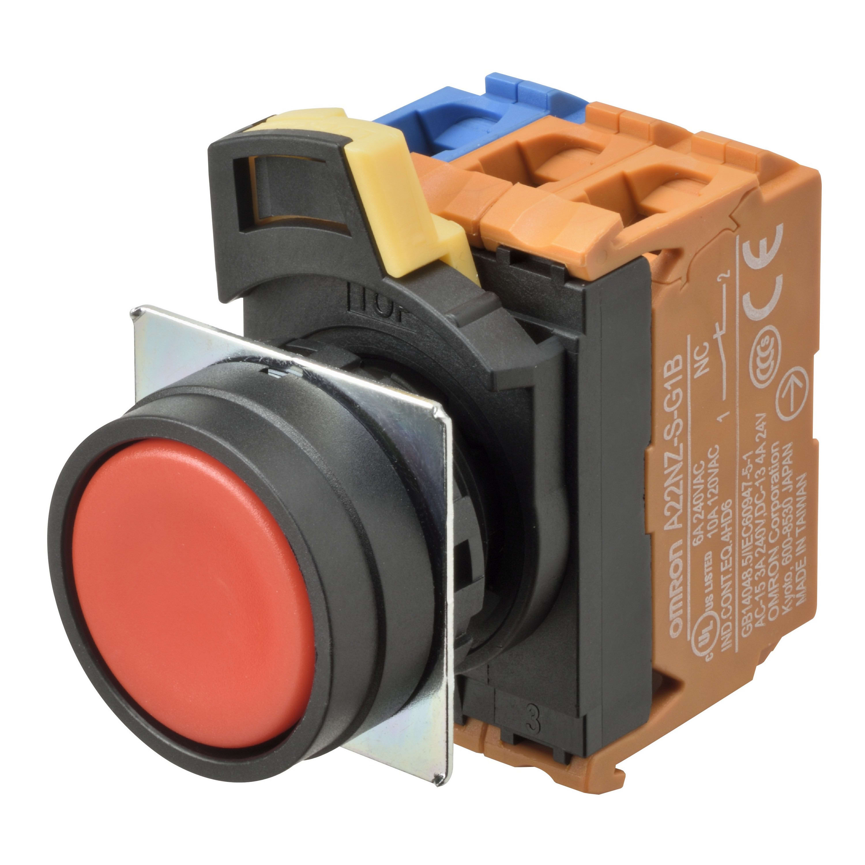 Omron - Bouton poussoir A22NN Ø22, lentille plastique, Plat, Momentané, Couleur bouton O