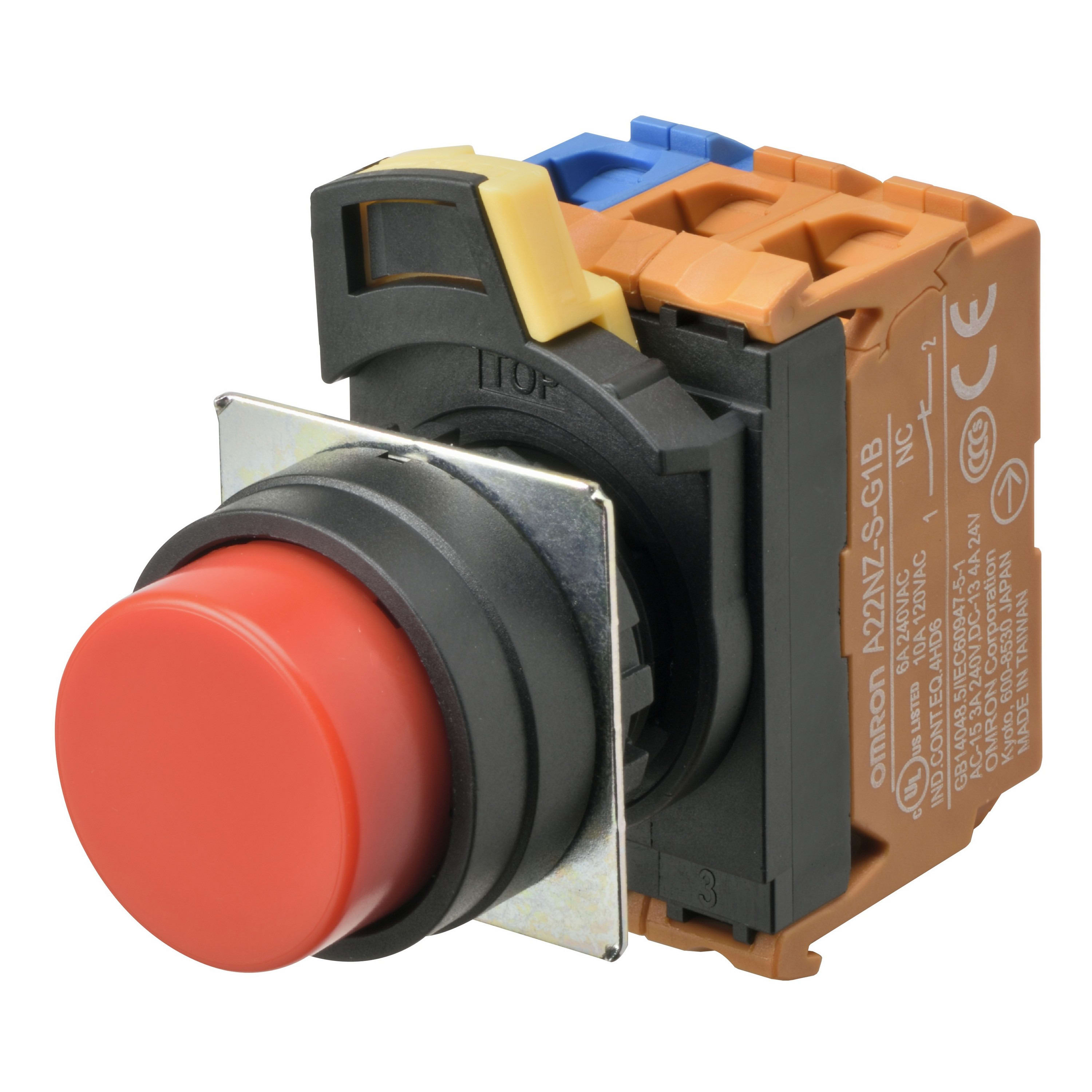 Omron - Bouton poussoir A22NN Ø22, lentille plastique, Dépassant, Alterné, Couleur bouto