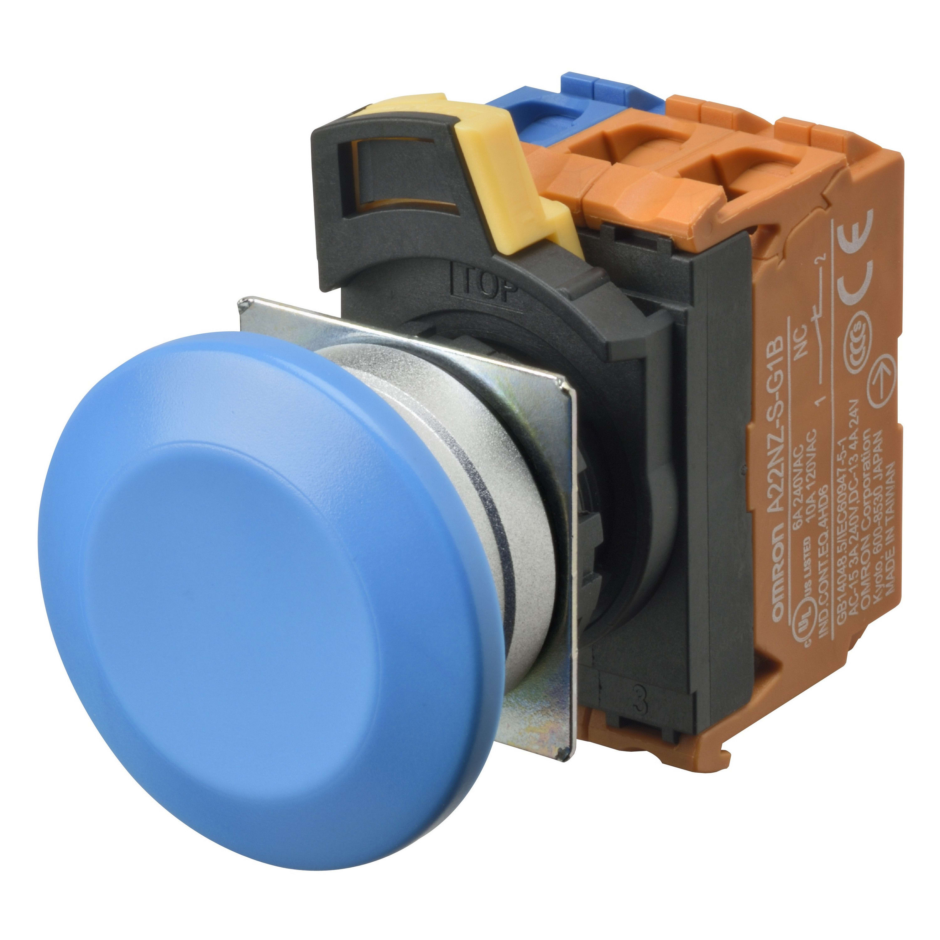 Omron - Bouton poussoir A22NN Ø22, lentille Métal brossé métal, Champignon, Alterné, Cou