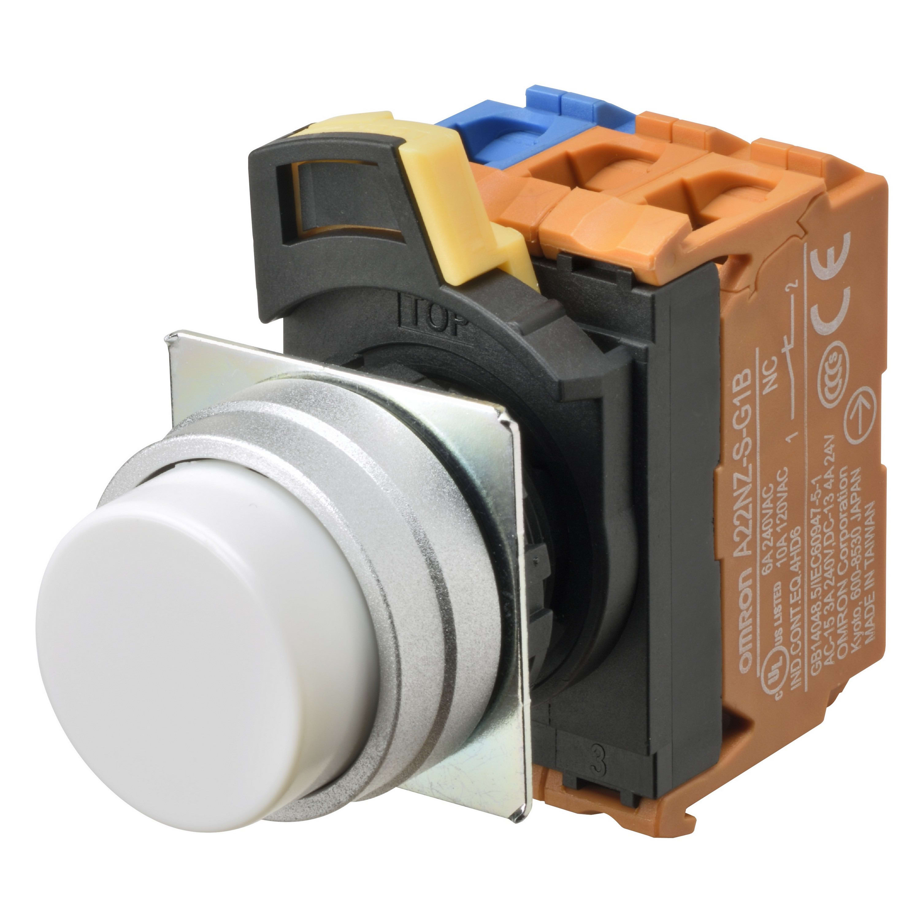 Omron - Bouton poussoir A22NN Ø22, lentille Métal brossé métal, Dépassant, Alterné, Coul