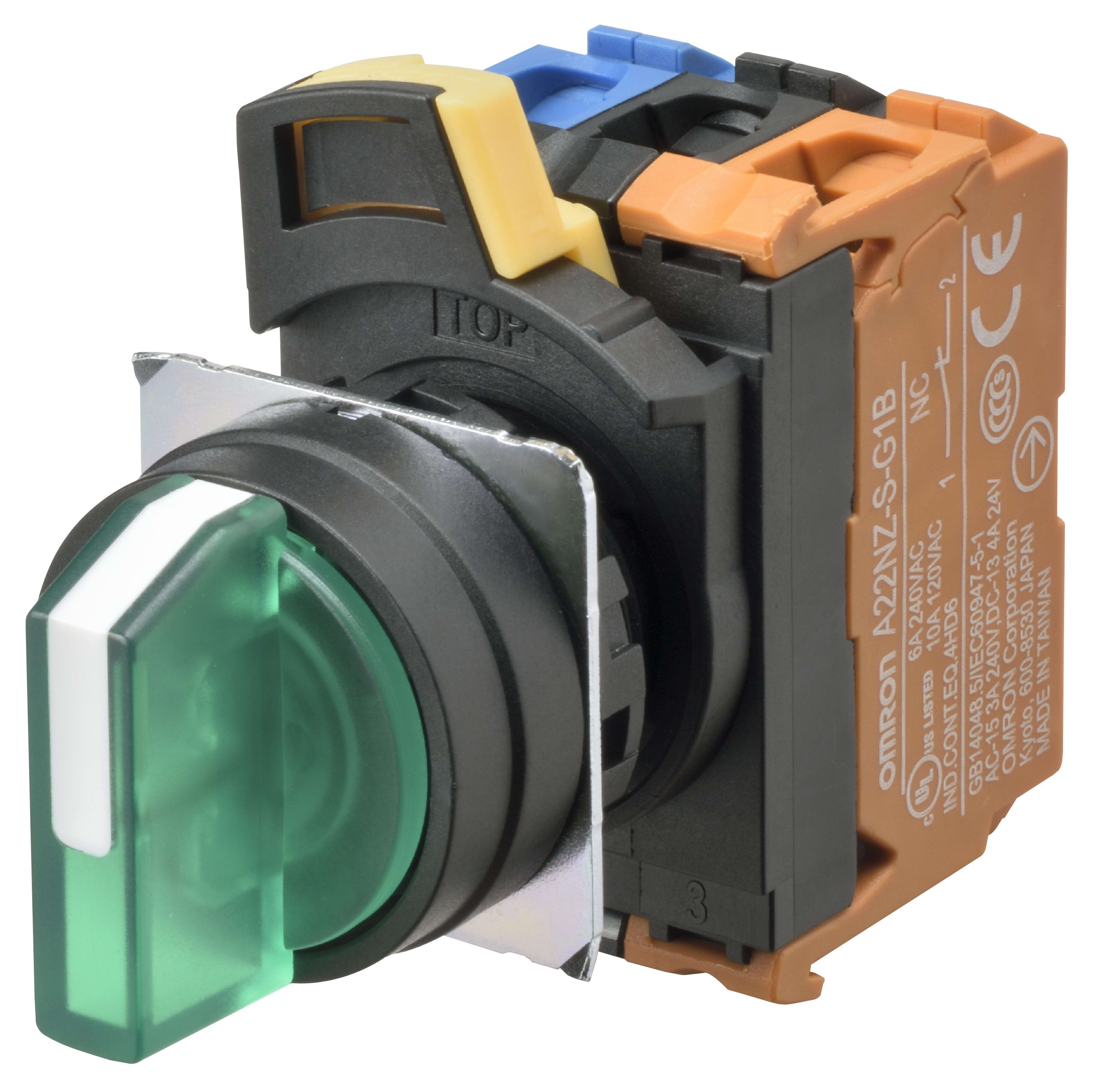 Omron - Bouton poussoir A22NW Ø22, 3 positions, Lumineux, lentille plastique, AUTO RESET