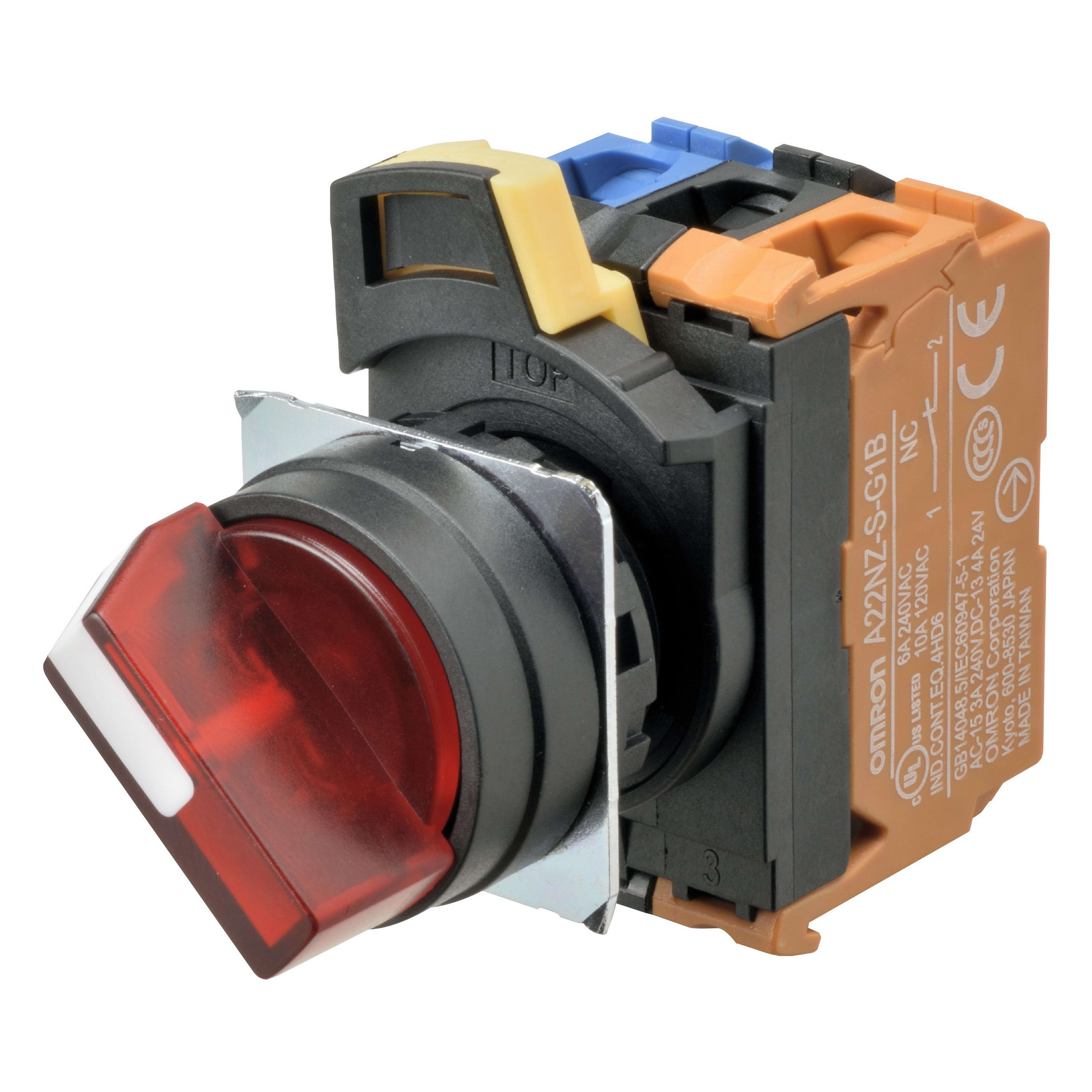 Omron - Bouton poussoir A22NW Ø22, 3 positions, Lumineux, lentille plastique, Manuel, Co