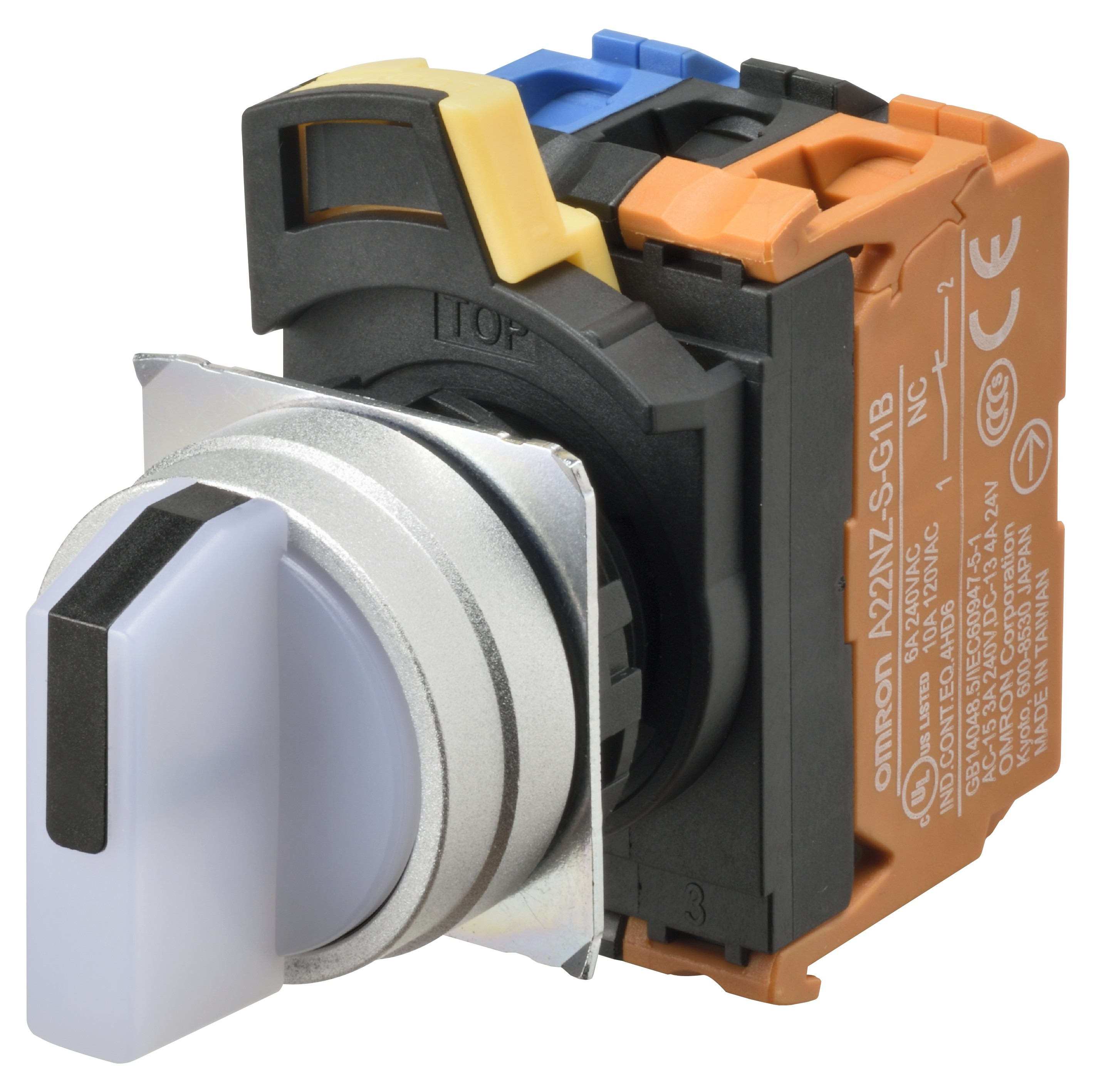 Omron - Bouton poussoir A22NW Ø22, 3 positions, Lumineux, lentille Métal brossé, AUTO RE