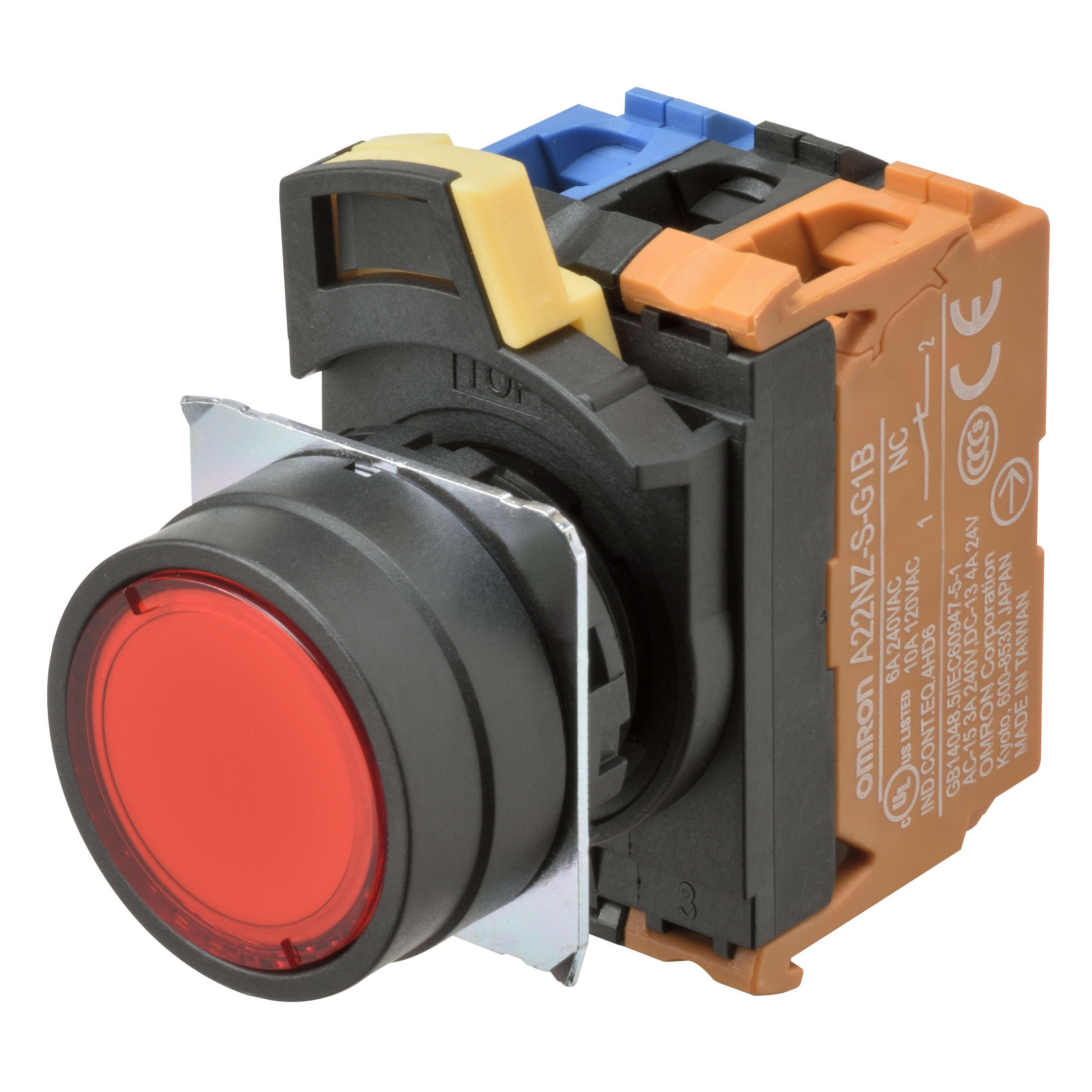 Omron - Bouton poussoir A22NL Ø22, lentille plastique, Plat, Momentané, Couleur bouton R