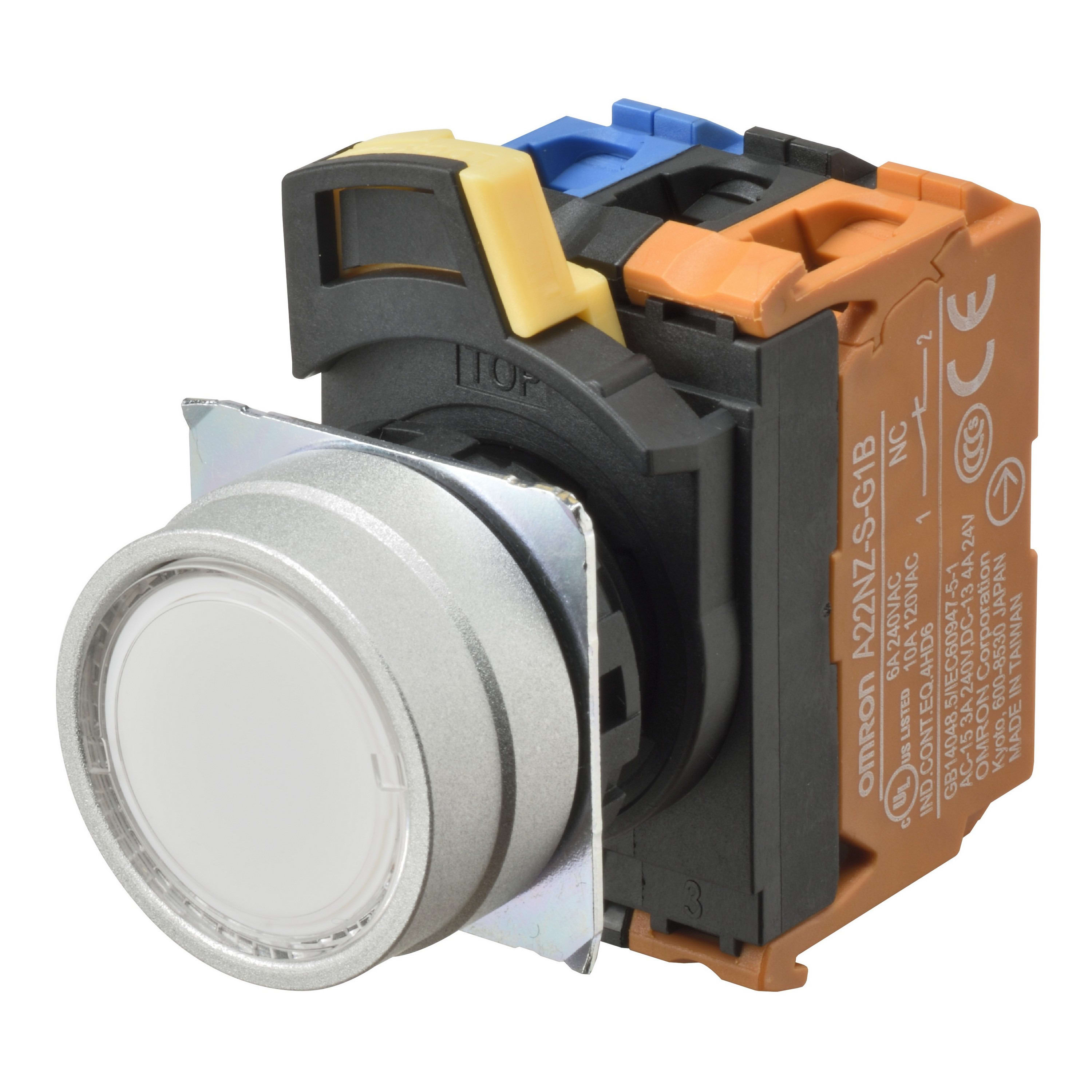 Omron - Bouton poussoir A22NL Ø22, lentille Métal brossé métal, Plat, Momentané, Couleur