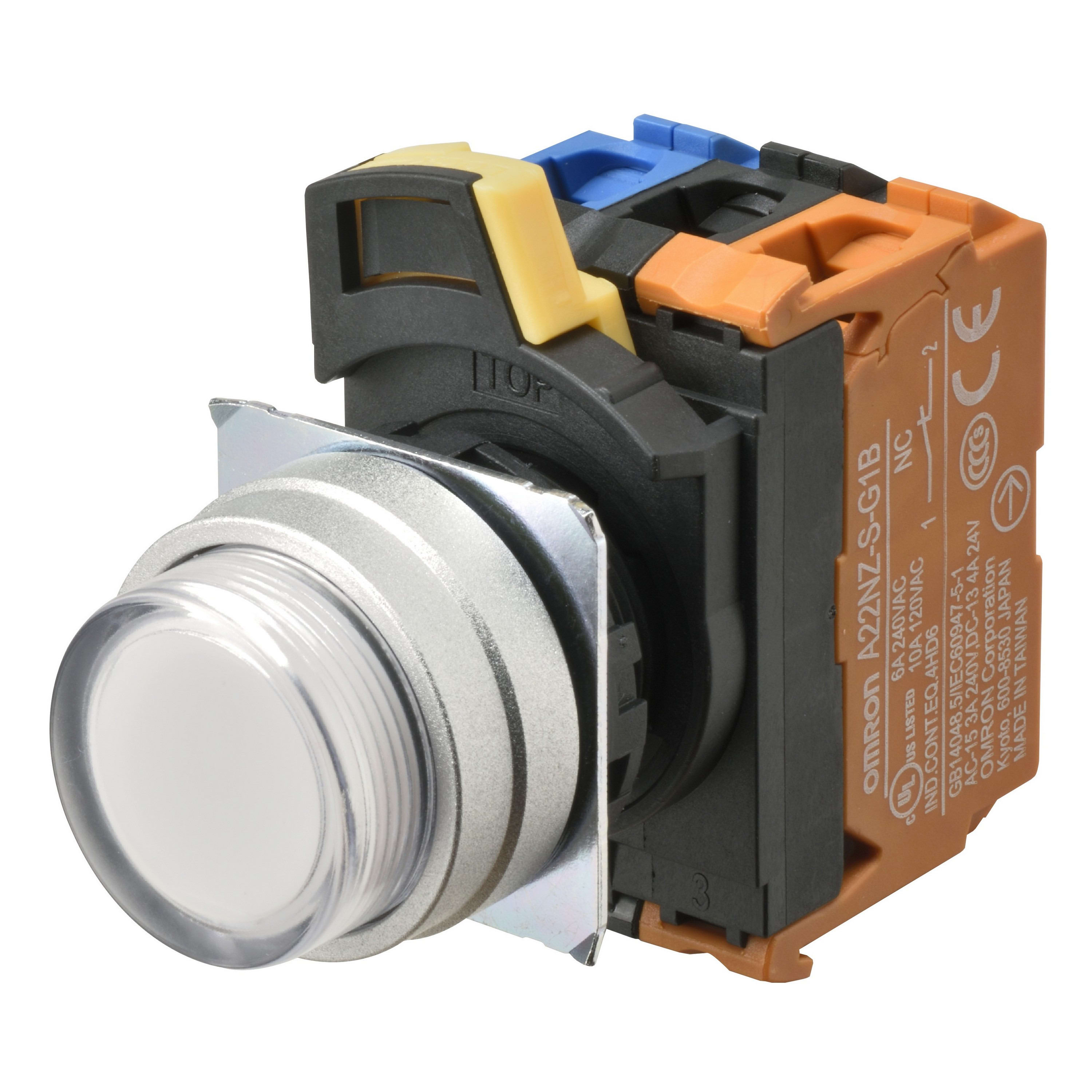 Omron - Bouton poussoir A22NL Ø22, lentille Métal brossé métal, Dépassant, Alterné, Coul