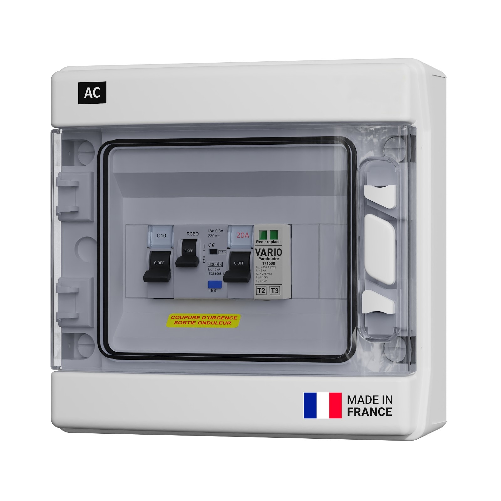 Adee - Coffret PV AC  mono 2kW avec disjoncteur 10A, inter-diff 30mA et parafoudre
