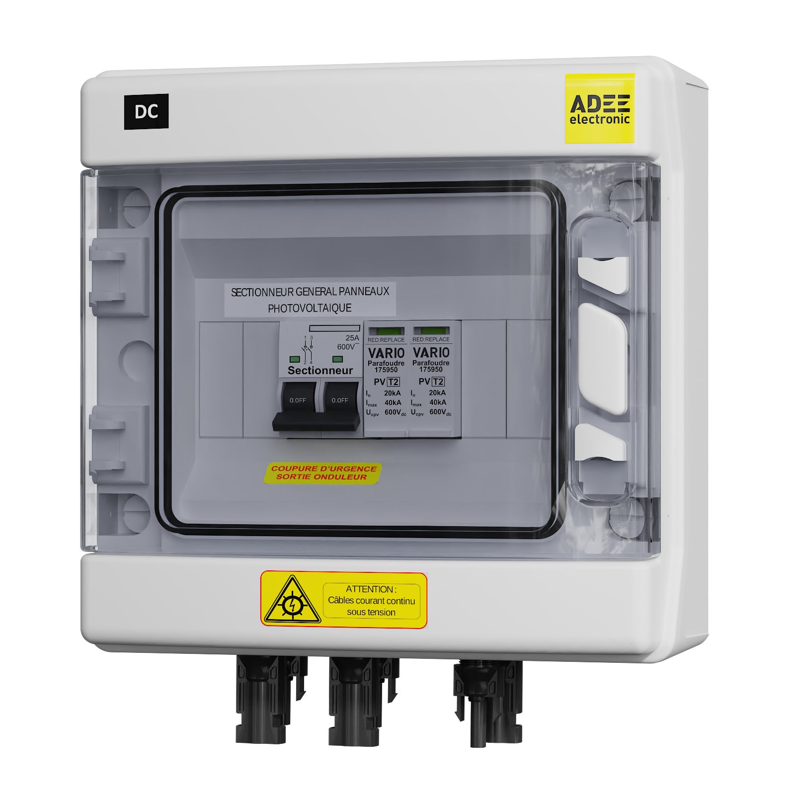 Adee - Coffret PV 600VDC pour 1 ou 2 string avec sectionneur et parafoudre