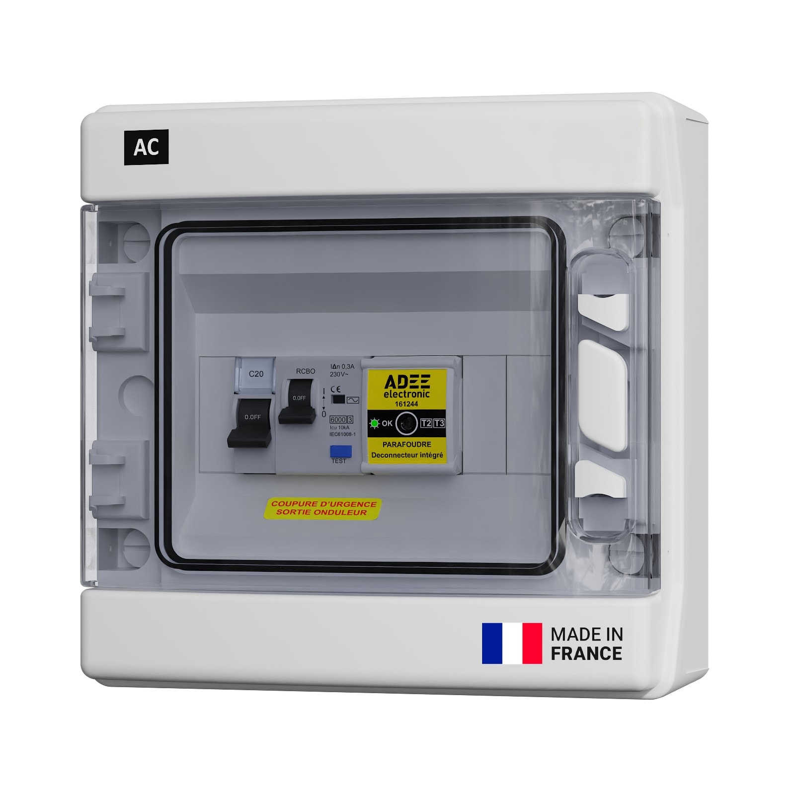 Adee - Coffret PV AC mono 3kW avec disjoncteur 20A, inter-diff 30mA et parafoudre