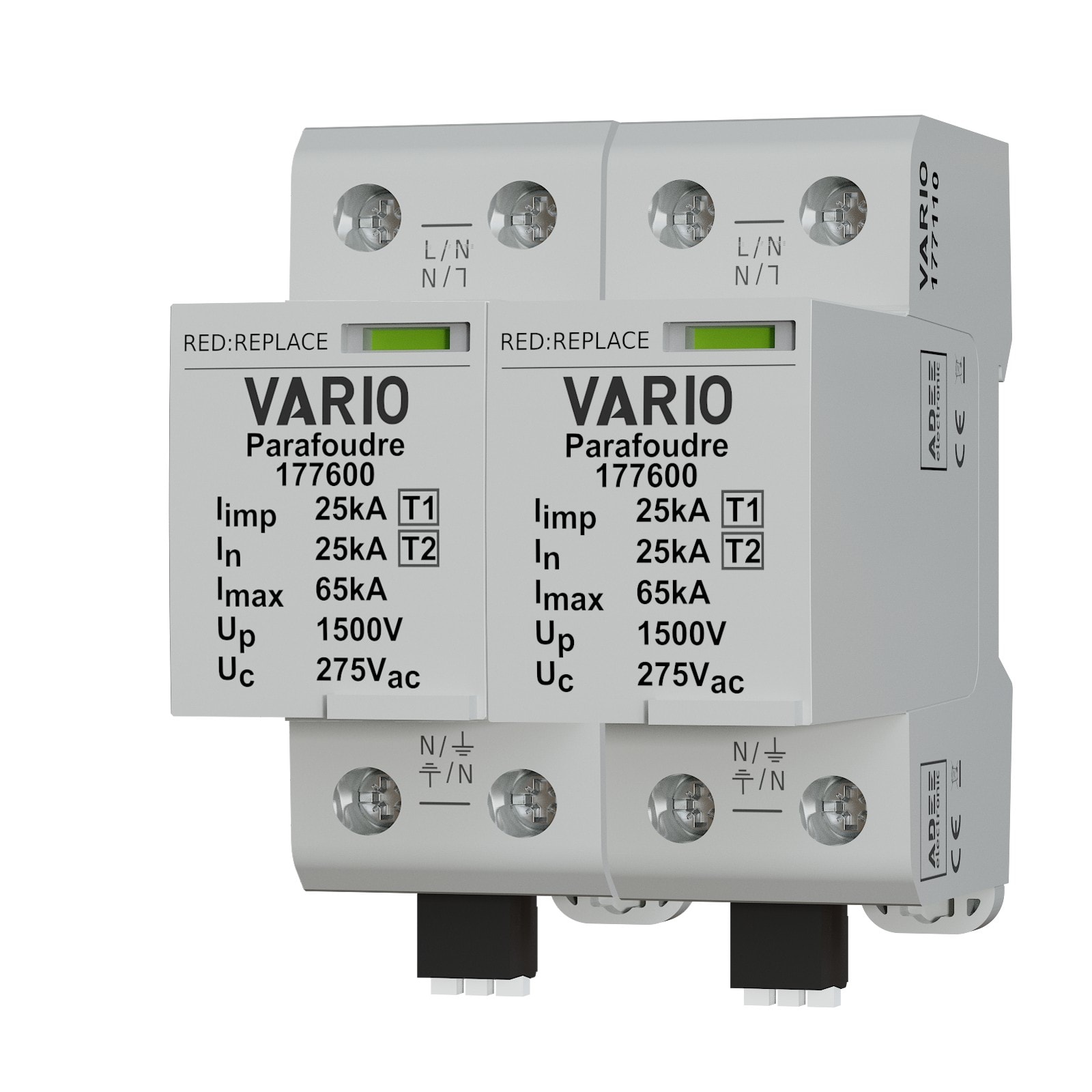 Adee - parafoudre Mod. Débro. 2P T1+2 Iimp 25kA, Up 1,5kV TT-TN, Fus. intégré TS