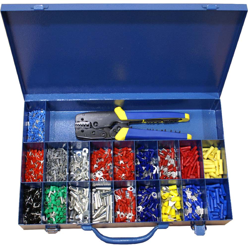 Klauke - Coffret métal avec assort. de cosses nues, pré-isolées et embouts + pince K507