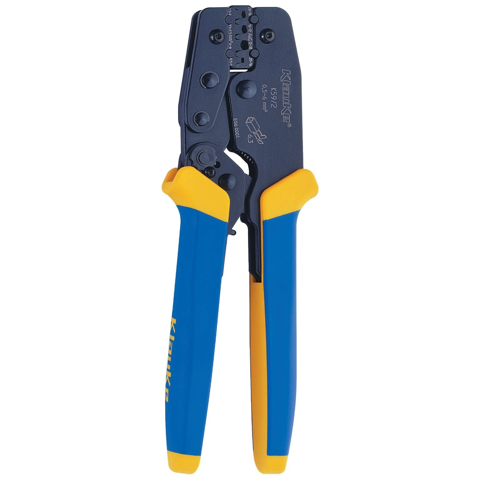 Klauke - Pince à sertir pour cosses à fût ouvert non isolées 6,3 mm largeur 0,5 - 6 mm2