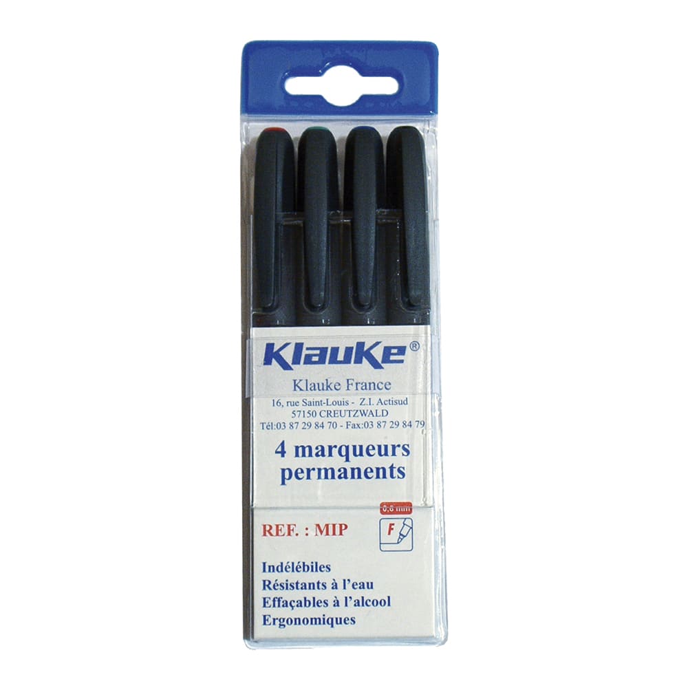 Klauke - Lot de 4 marqueurs indelebiles (bleu, noir, rouge, vert). Pointe de larg. 0,6mm
