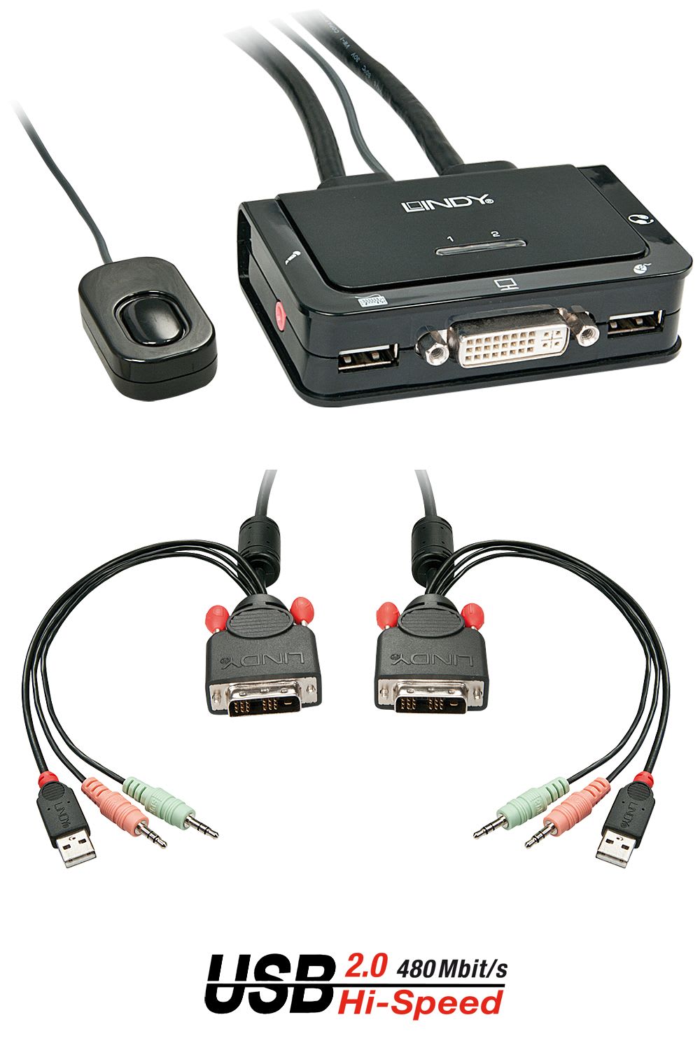 Lindy - Switch KVM DVI-D Single Link, USB 2.0 & audio, 2 ports