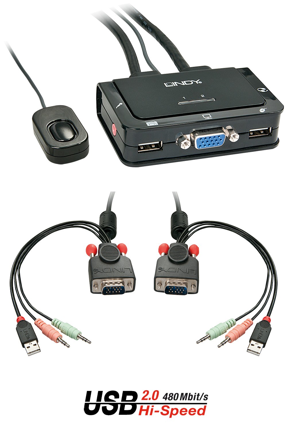 Lindy - Switch KVM 2 Ports VGA, USB 2.0 & Audio, Câbles Intégrés