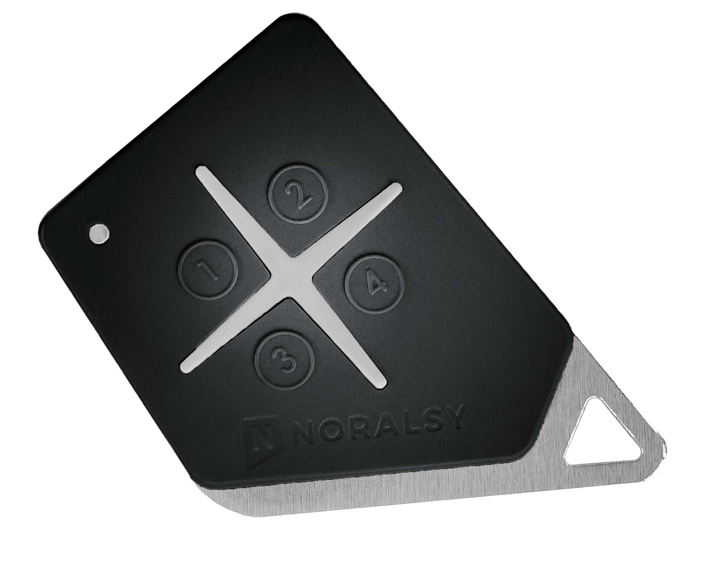 Noralsy - Emetteur 4 boutons 868MHz noir bi-techno mifare code site Noralsy logo perso.