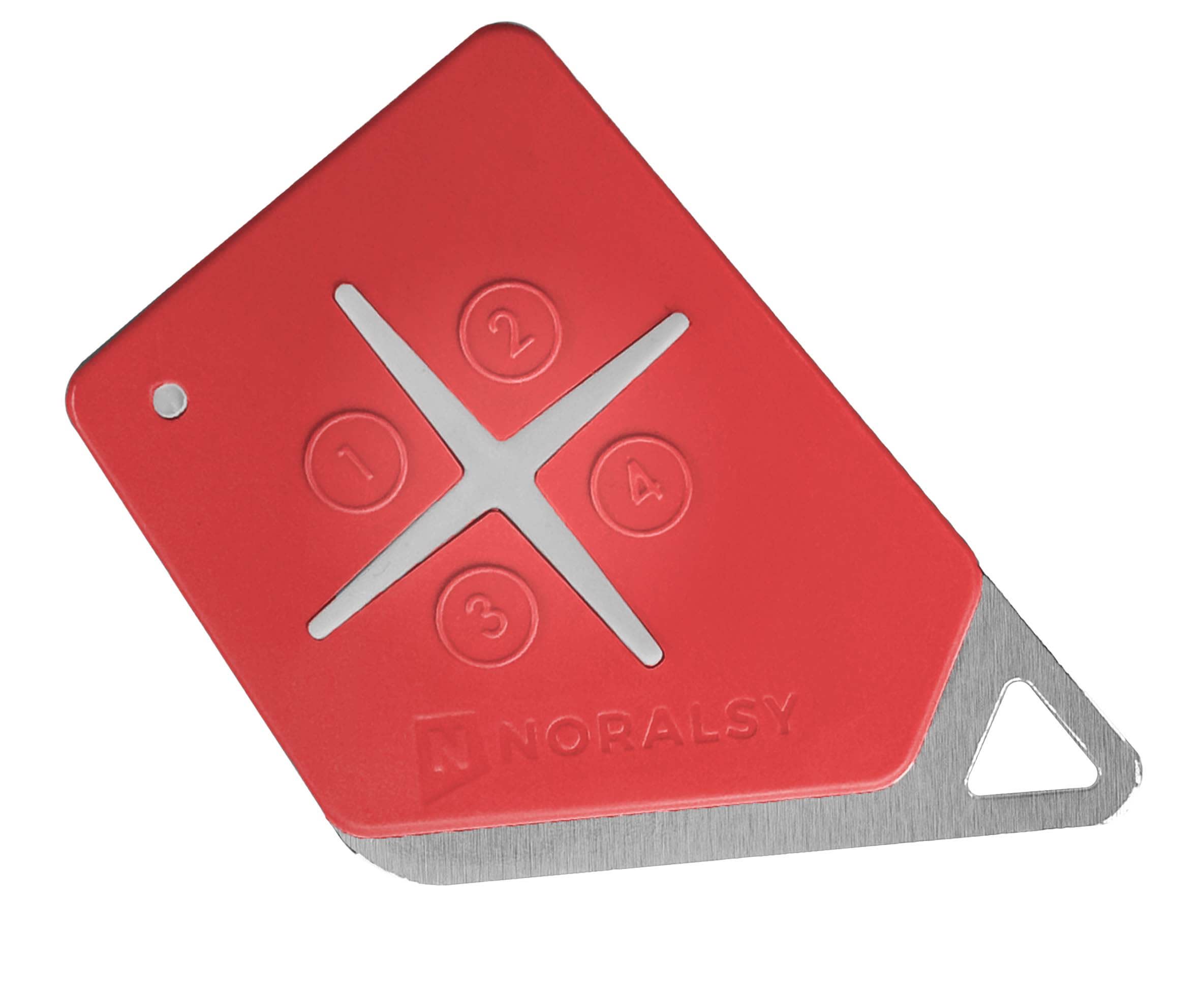 Noralsy - Emetteur 4 boutons 868MHz rouge bi-techno mifare code site Noralsy logo perso.
