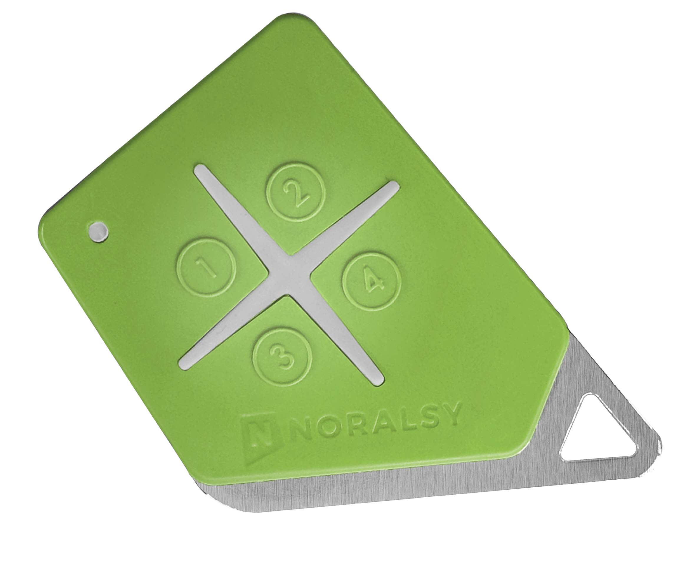 Noralsy - Emetteur 4 boutons 868MHz vert bi-techno mifare code site Noralsy logo perso.