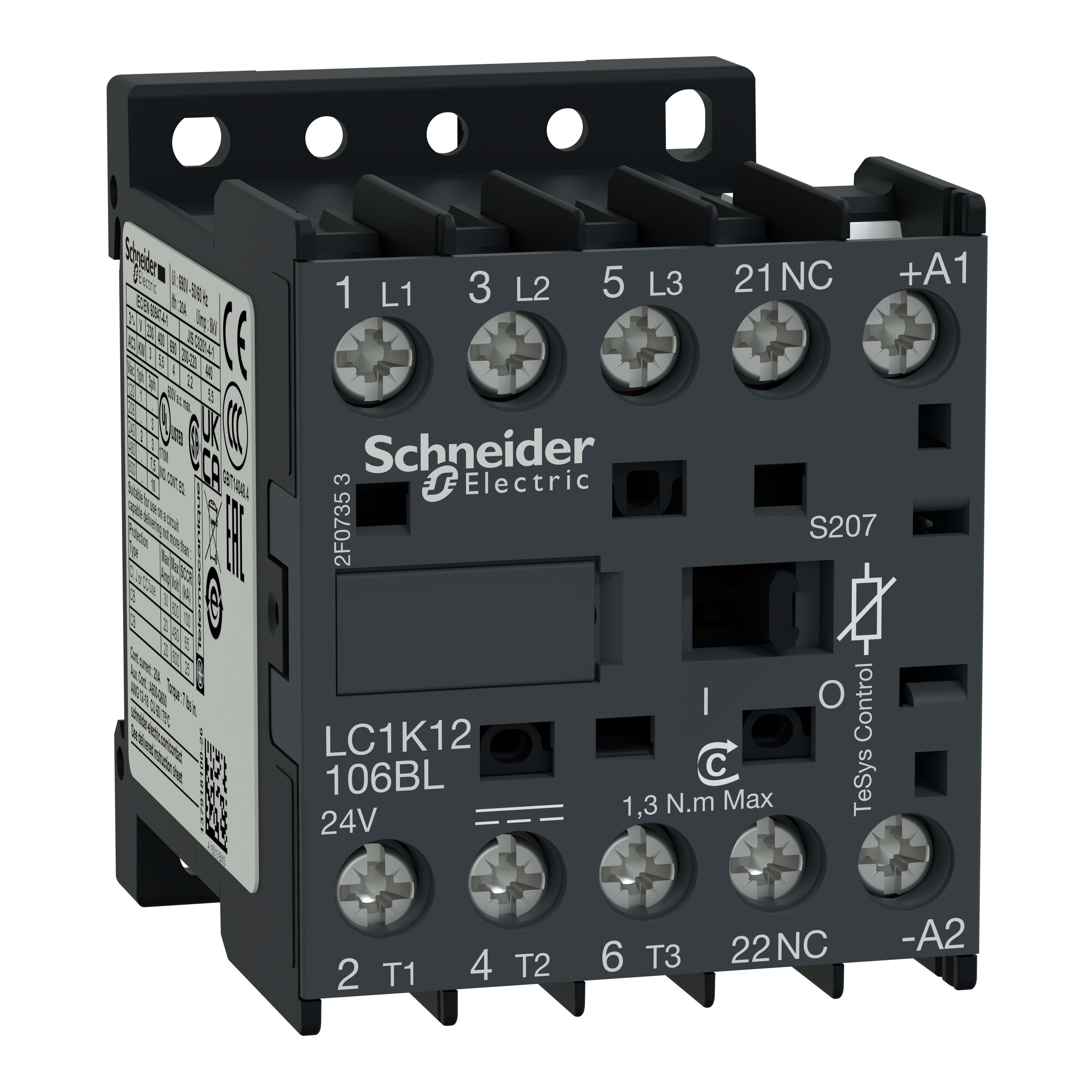 Schneider Electric - TeSys K - contacteur - 3P+1F - 12A AC3 440V - 24VBC - cosses fermées ferroviaire