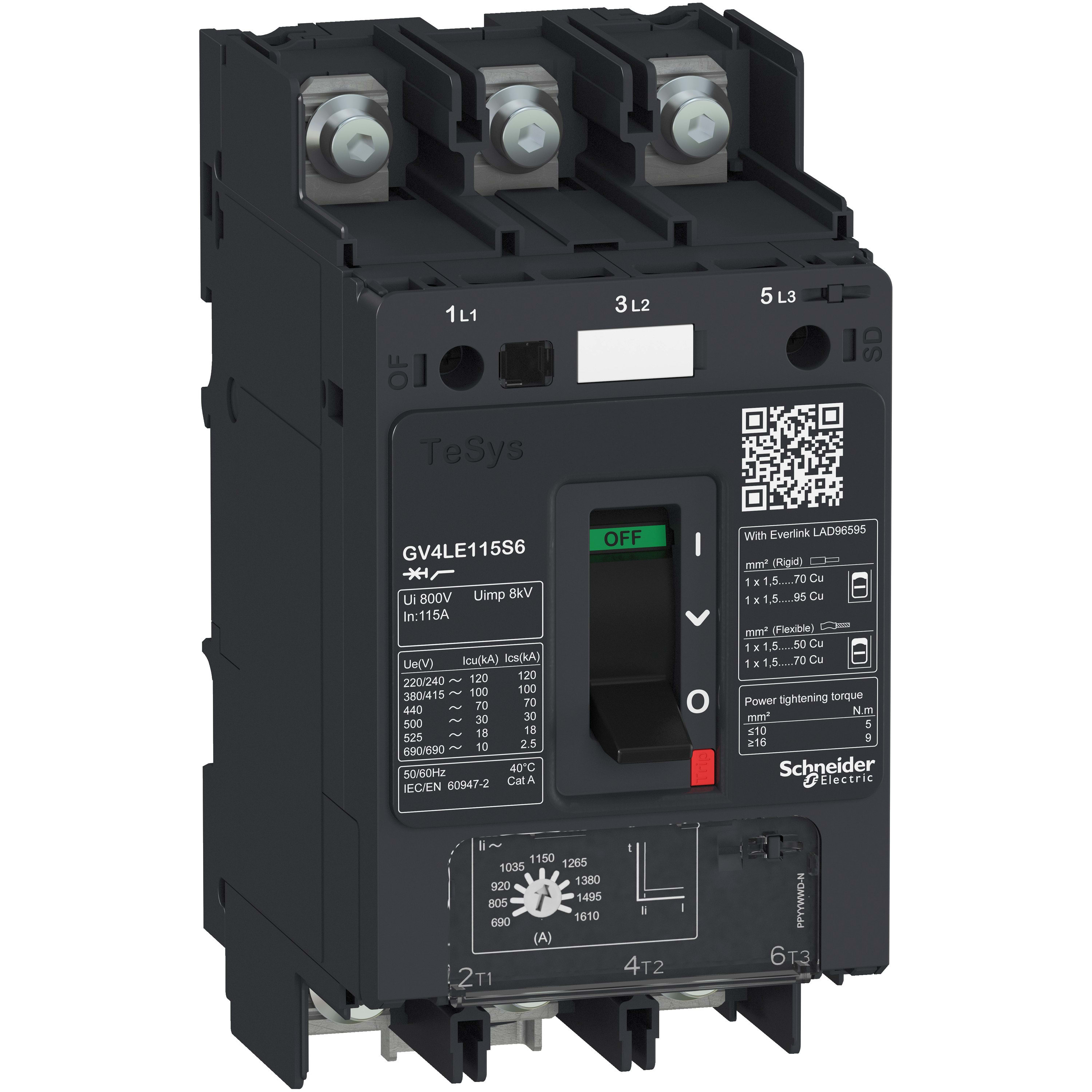Schneider Electric - TeSys GV - disjoncteur magnétique - In 115A - 50kA - cosses fermées