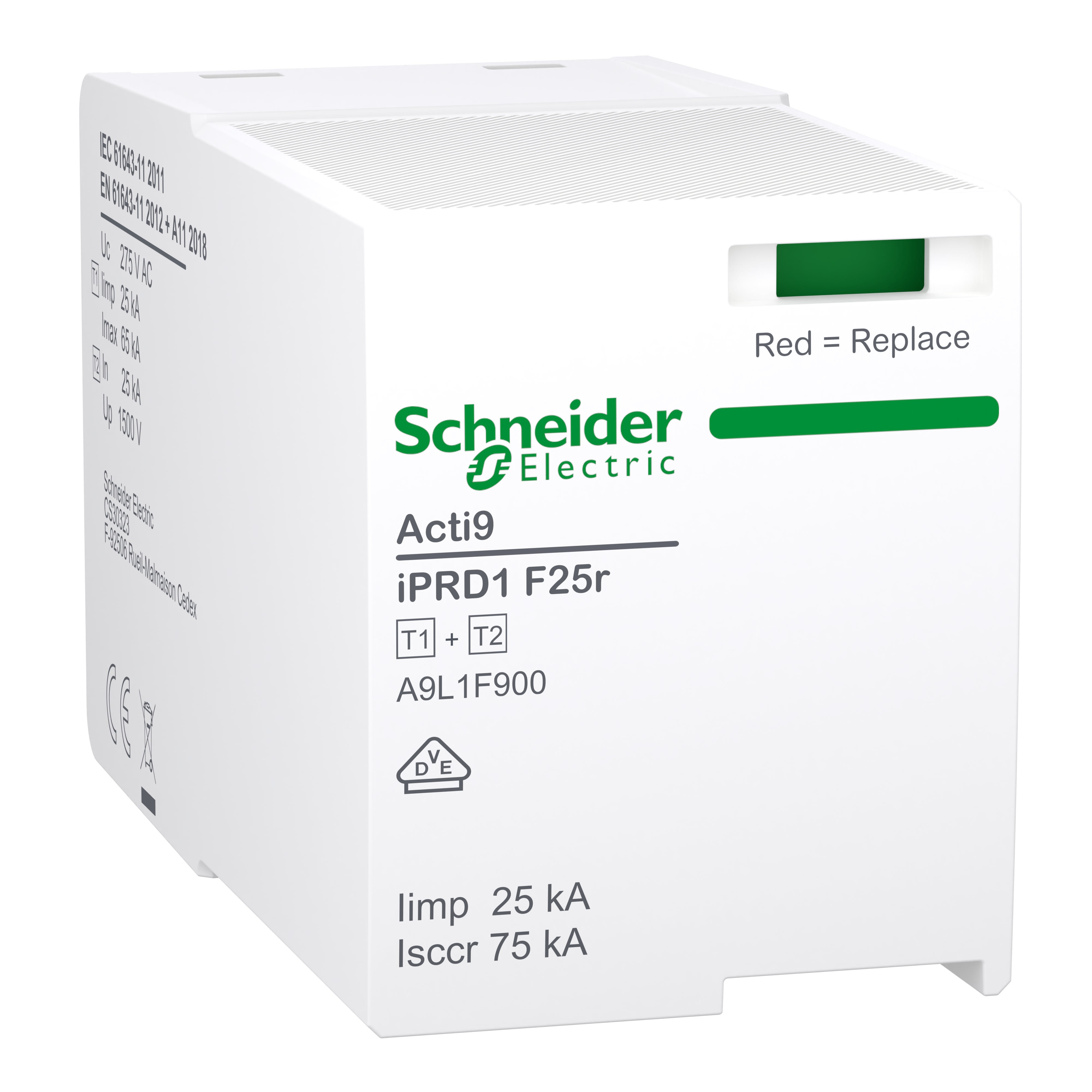 Schneider Electric - Acti9 IPRD1 F25r - Cartouche Parafoudre Type 1+2 2 - 18mm - Phase pour 3PN/3P