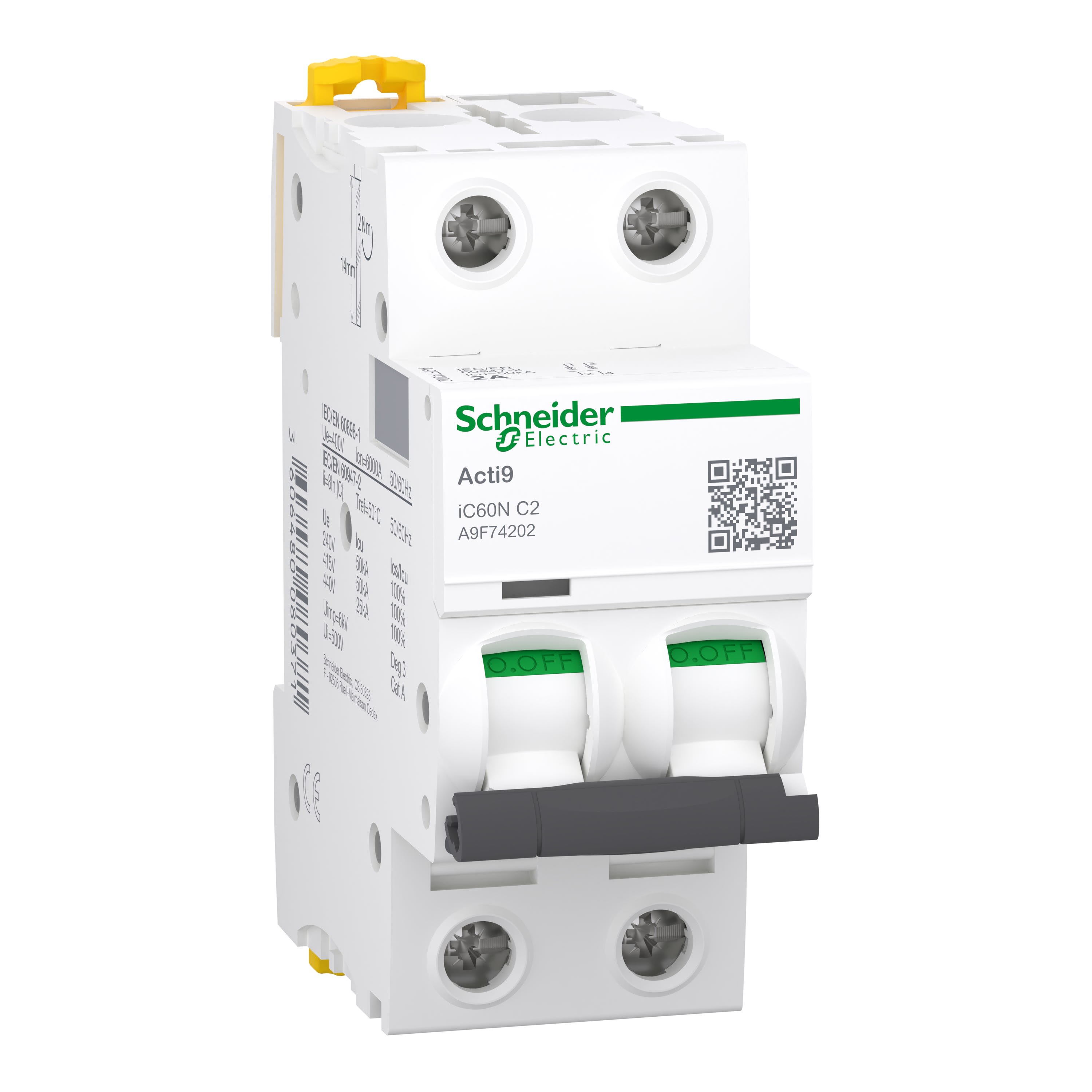Schneider Electric - Reconditionné - Acti9 iC60N - Disjoncteur 2P 2A - Courbe C - 400Vca - 6000A/50kA