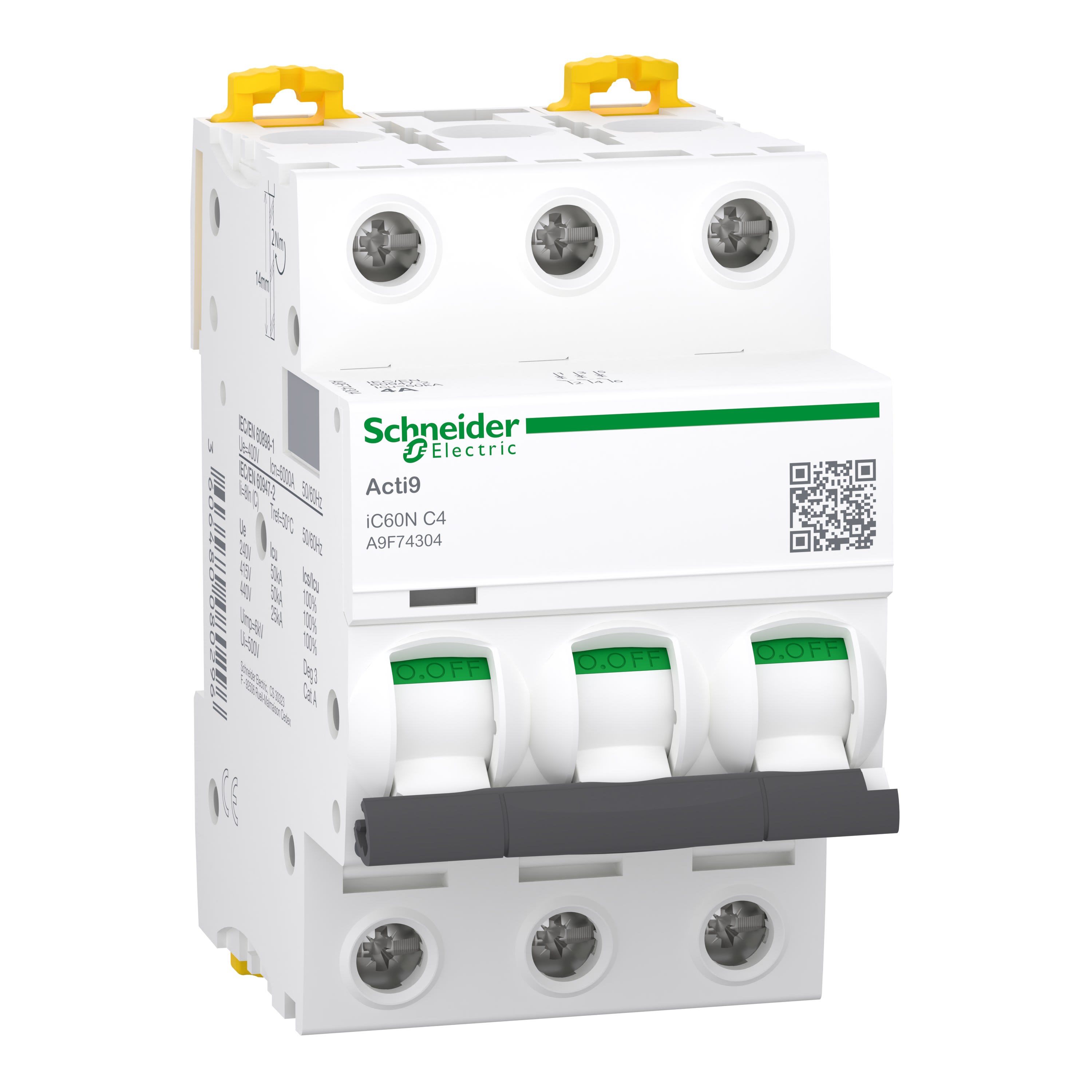 Schneider Electric - Reconditionné - Acti9 iC60N - Disj - 3P - 4A - Courbe C - 400VCA - 6000A/50kA