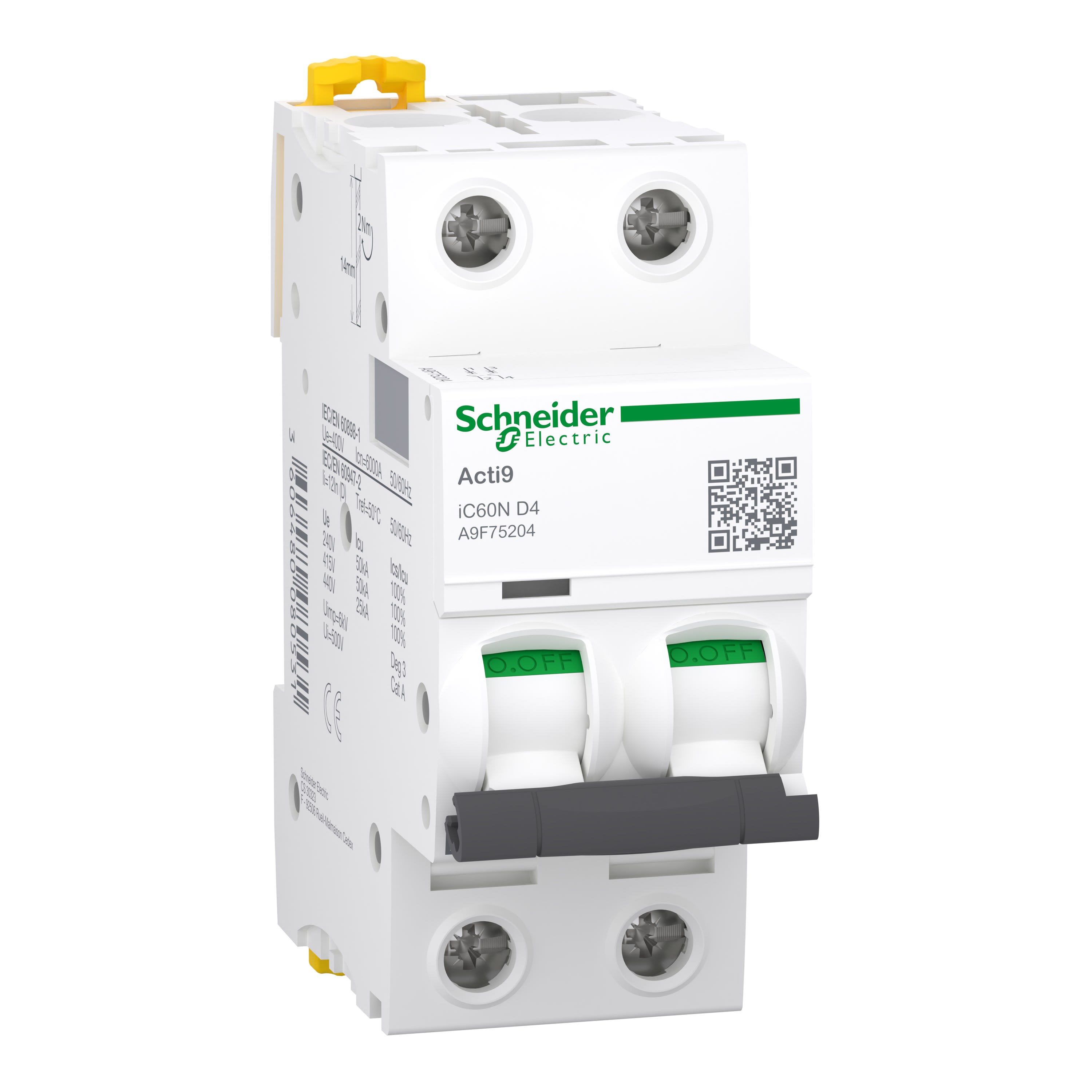 Schneider Electric - Reconditionné - Acti9 iC60N - Disjoncteur 2P 4A - Courbe D - 400Vca - 6000A/50kA
