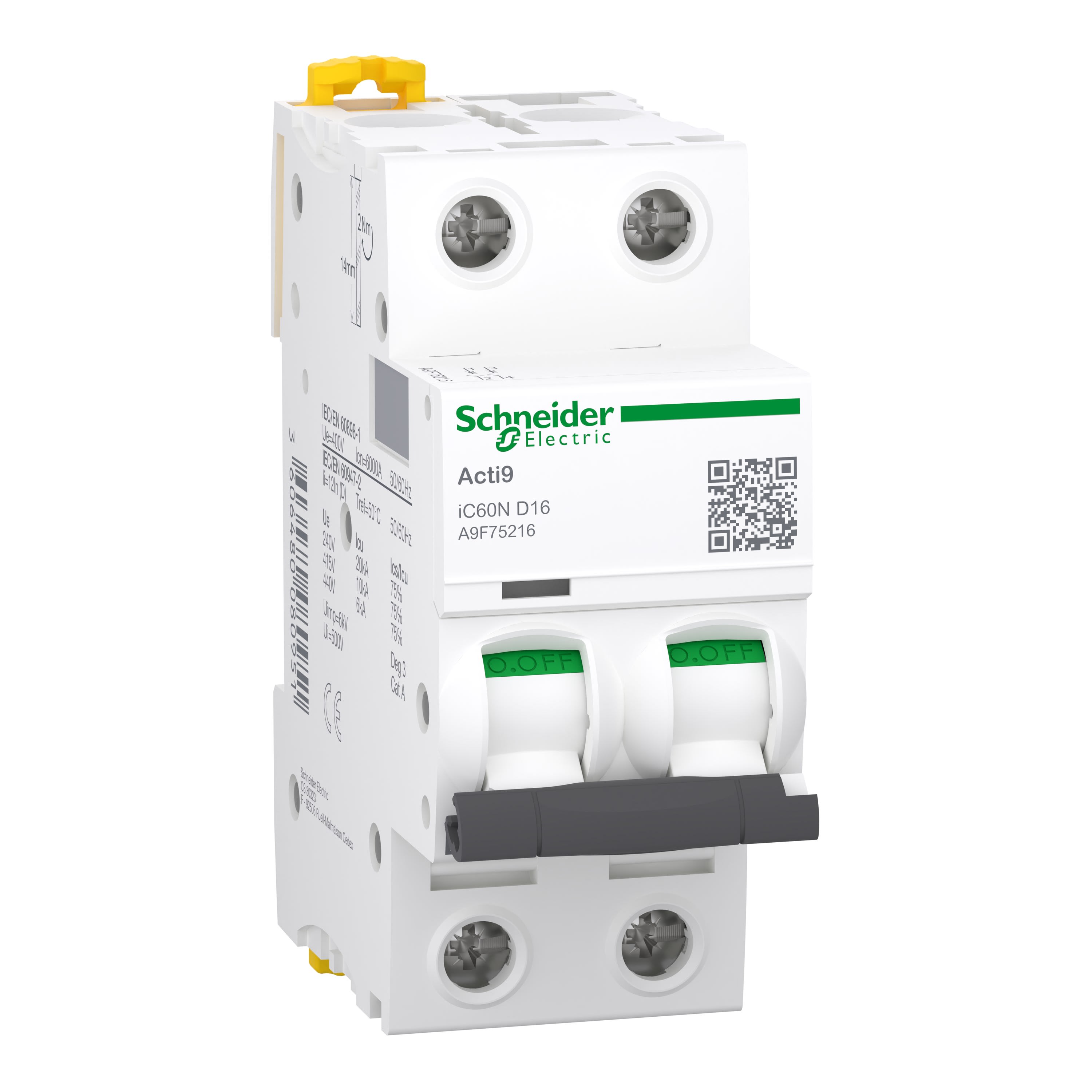 Schneider Electric - Reconditionné - Acti9 iC60N - Disj. - 2P - 16A - Courbe D - 400Vca - 6000A/10kA