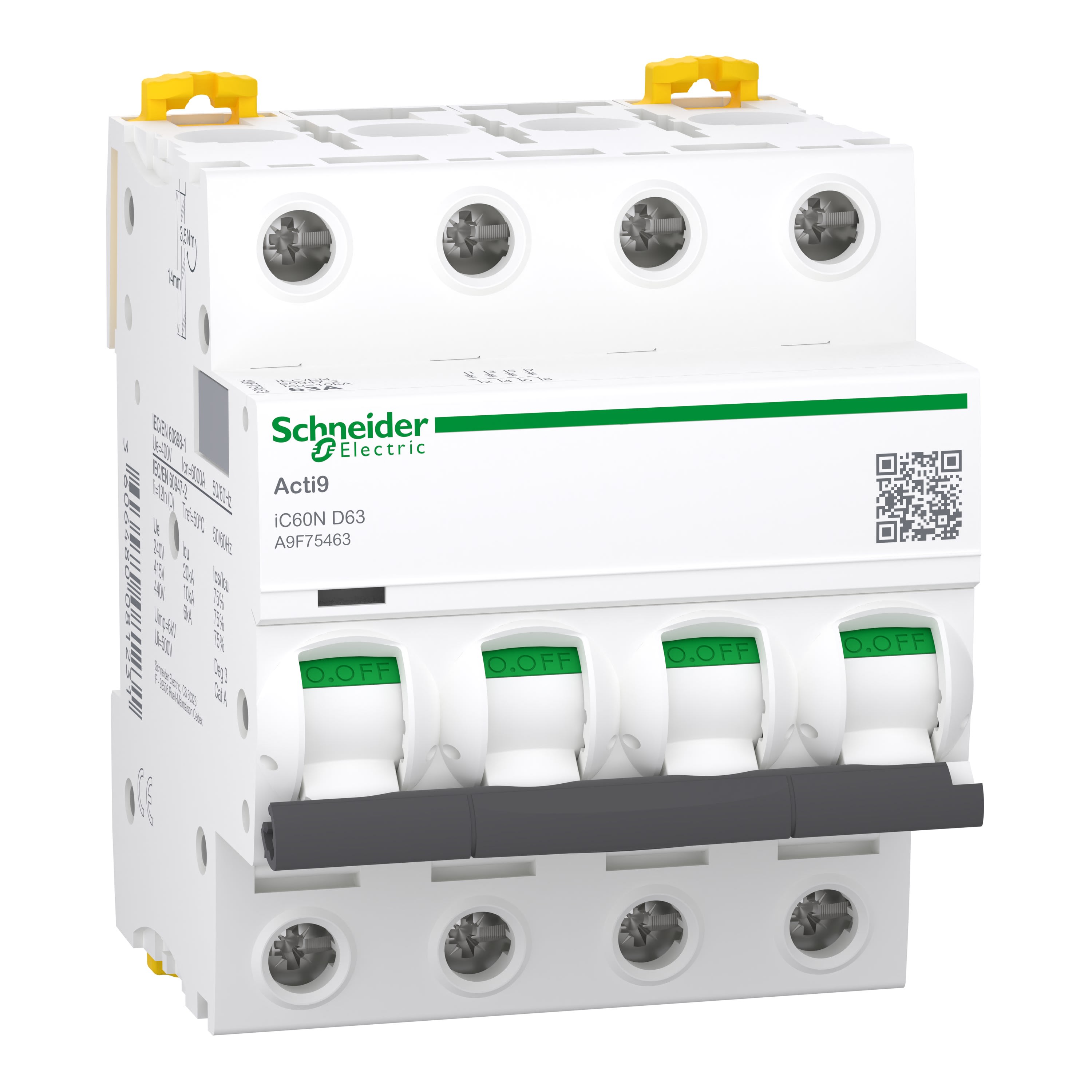 Schneider Electric - Reconditionné - Acti9 iC60N - Disj. - 4P - 63A - Courbe D - 400Vca - 6000A/10kA
