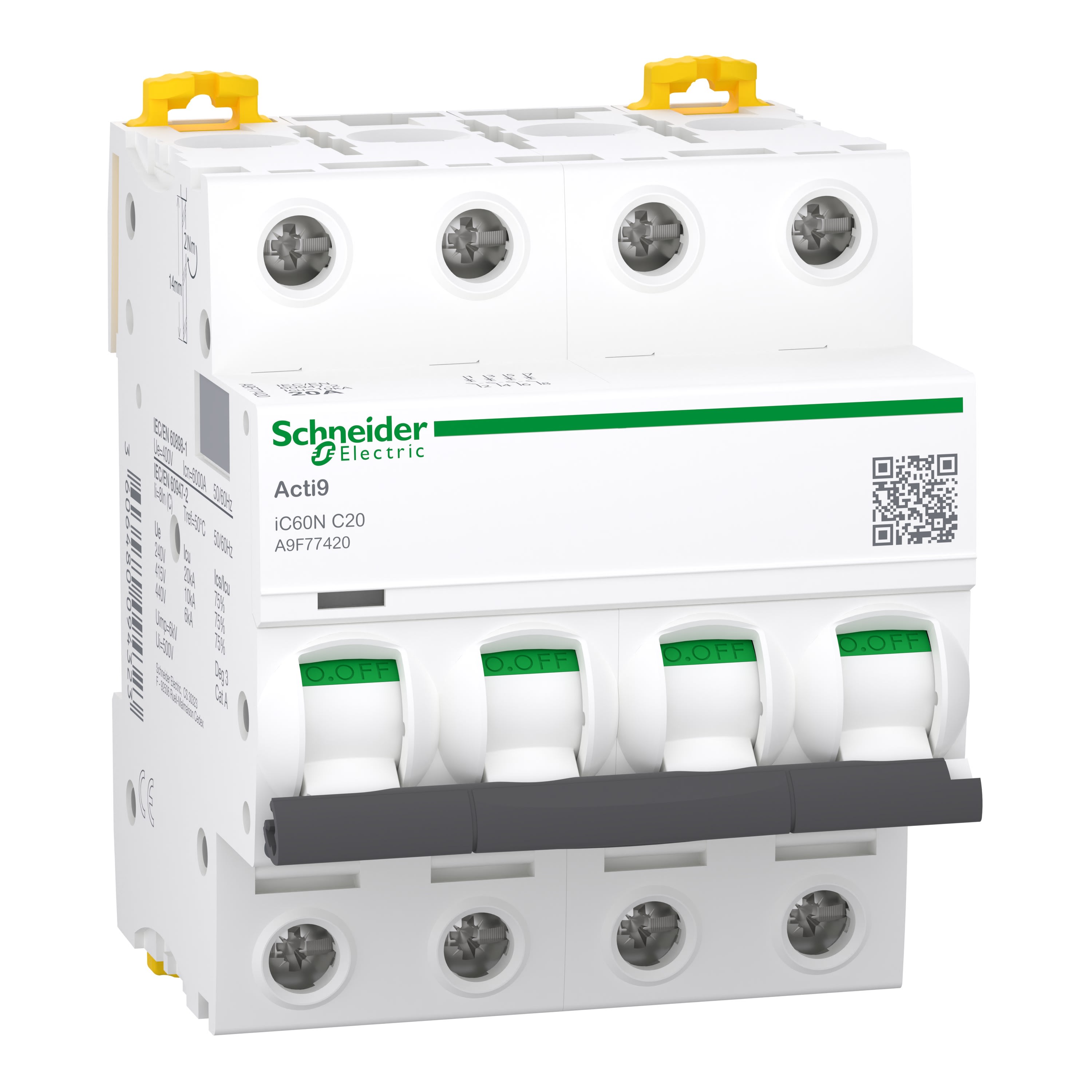 Schneider Electric - Reconditionné - Acti9 iC60N - Disj. - 4P - 20A - Courbe C - 400Vca - 6000A/10kA