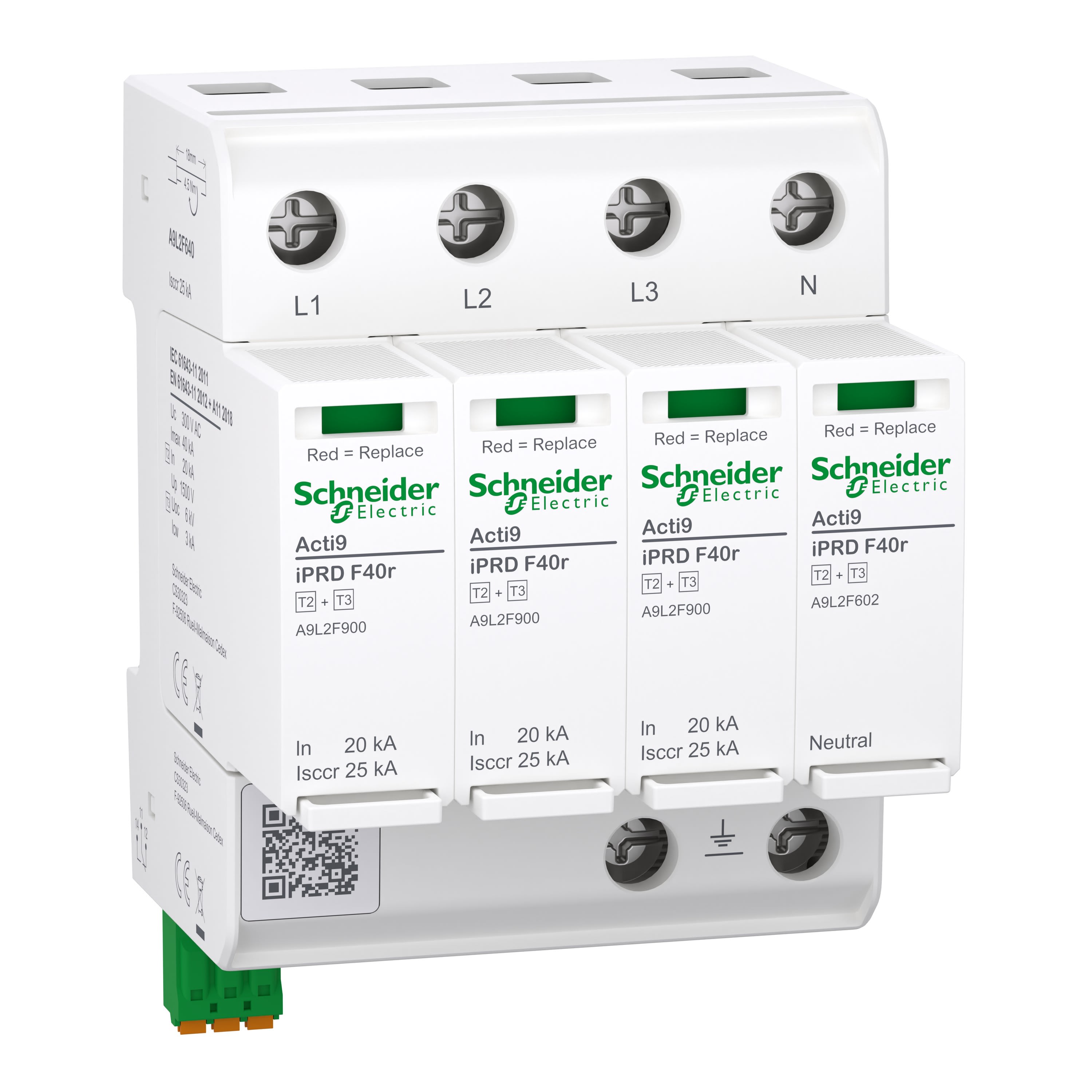 Schneider Electric - Acti9 IPRD F40r Parafoudre autoprotégé 3PN In=20kA  Up=1,5kV  Icc=25kA