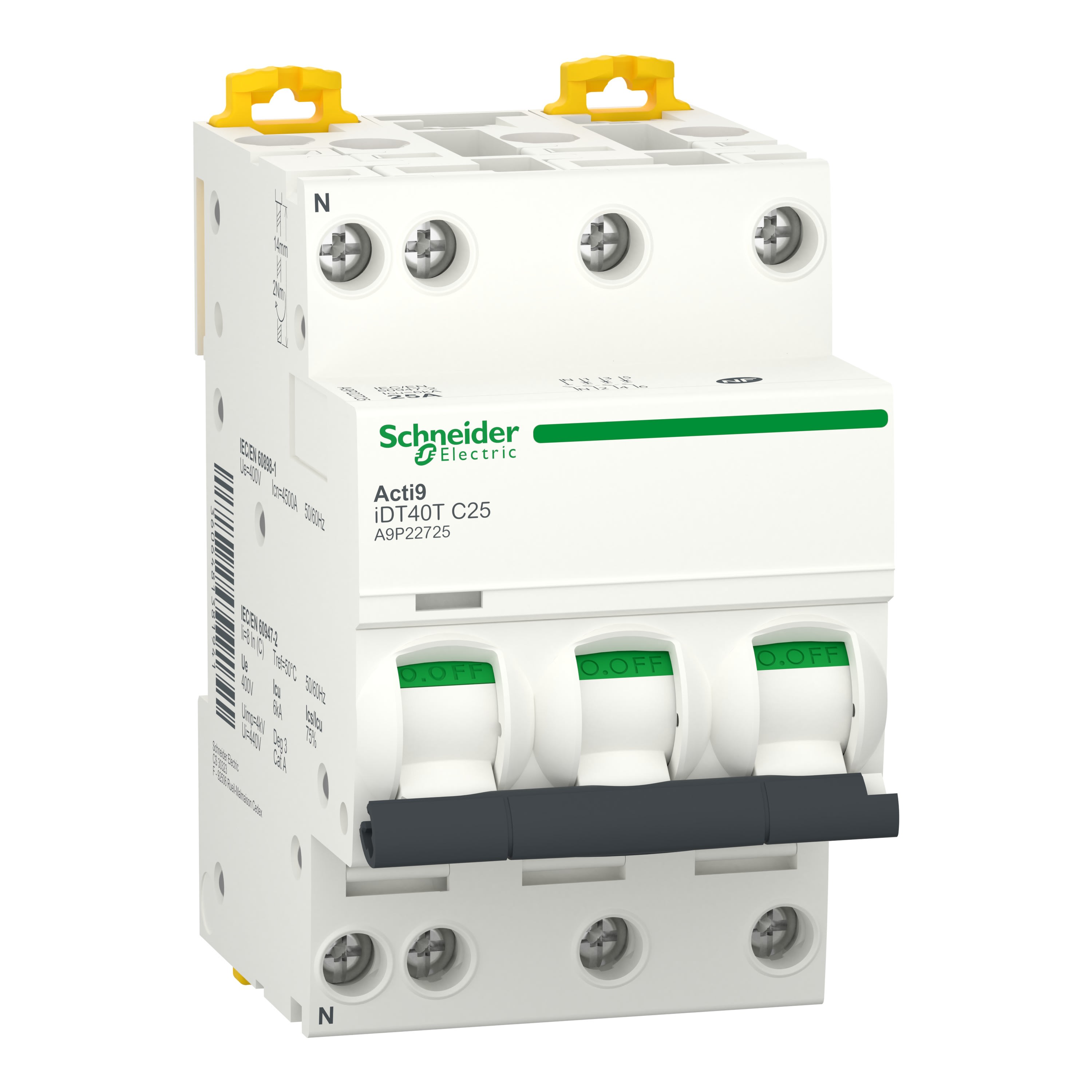 Schneider Electric - Reconditionné - Acti9 iDT40T - Disj. modulaire 3P+N - 25A - Courbe C- 4500A/6kA