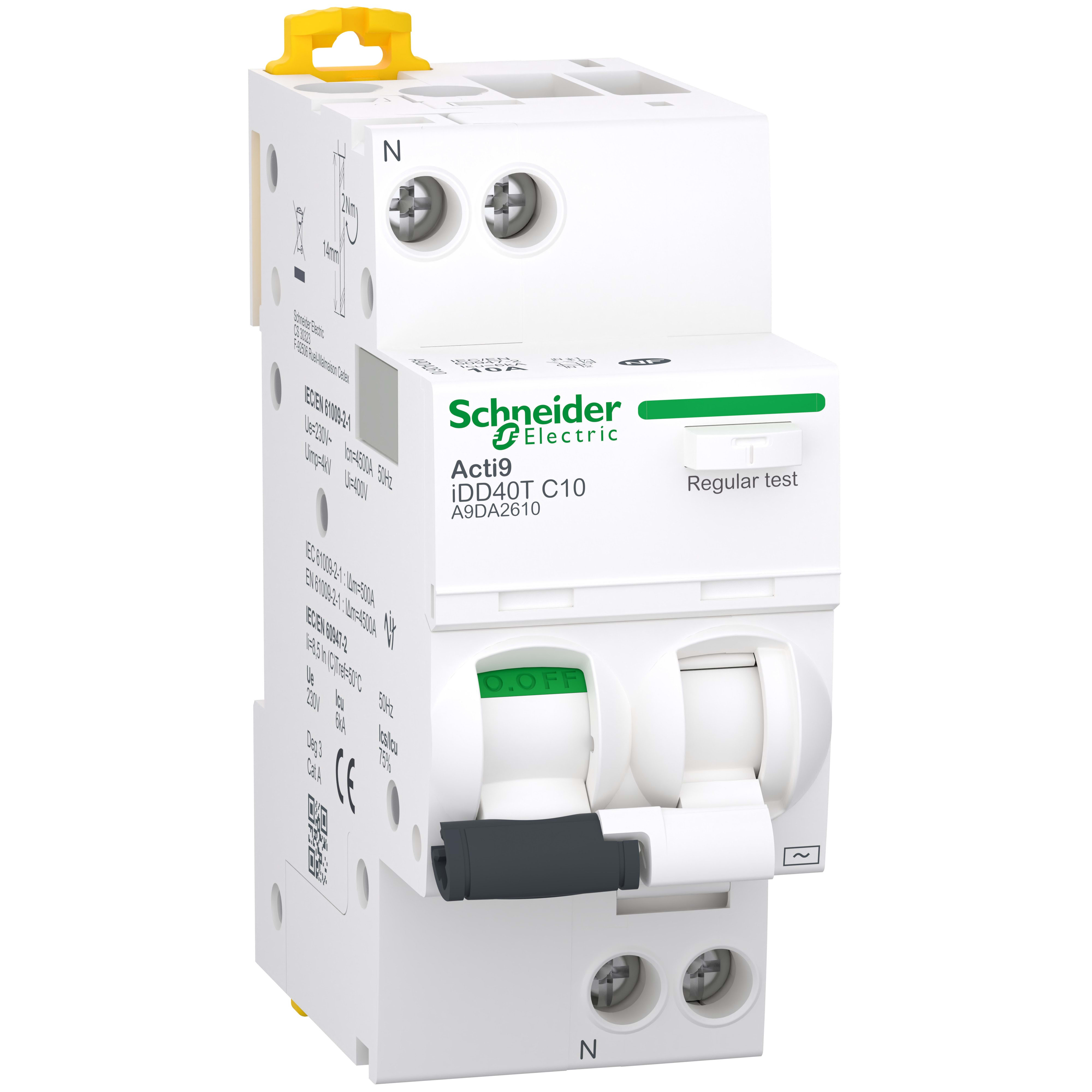 Schneider Electric - Acti9 iDD40T - Disjoncteur dif. - 1P+N 10A - Crb C - 4500A/6kA - 30mA - Type AC