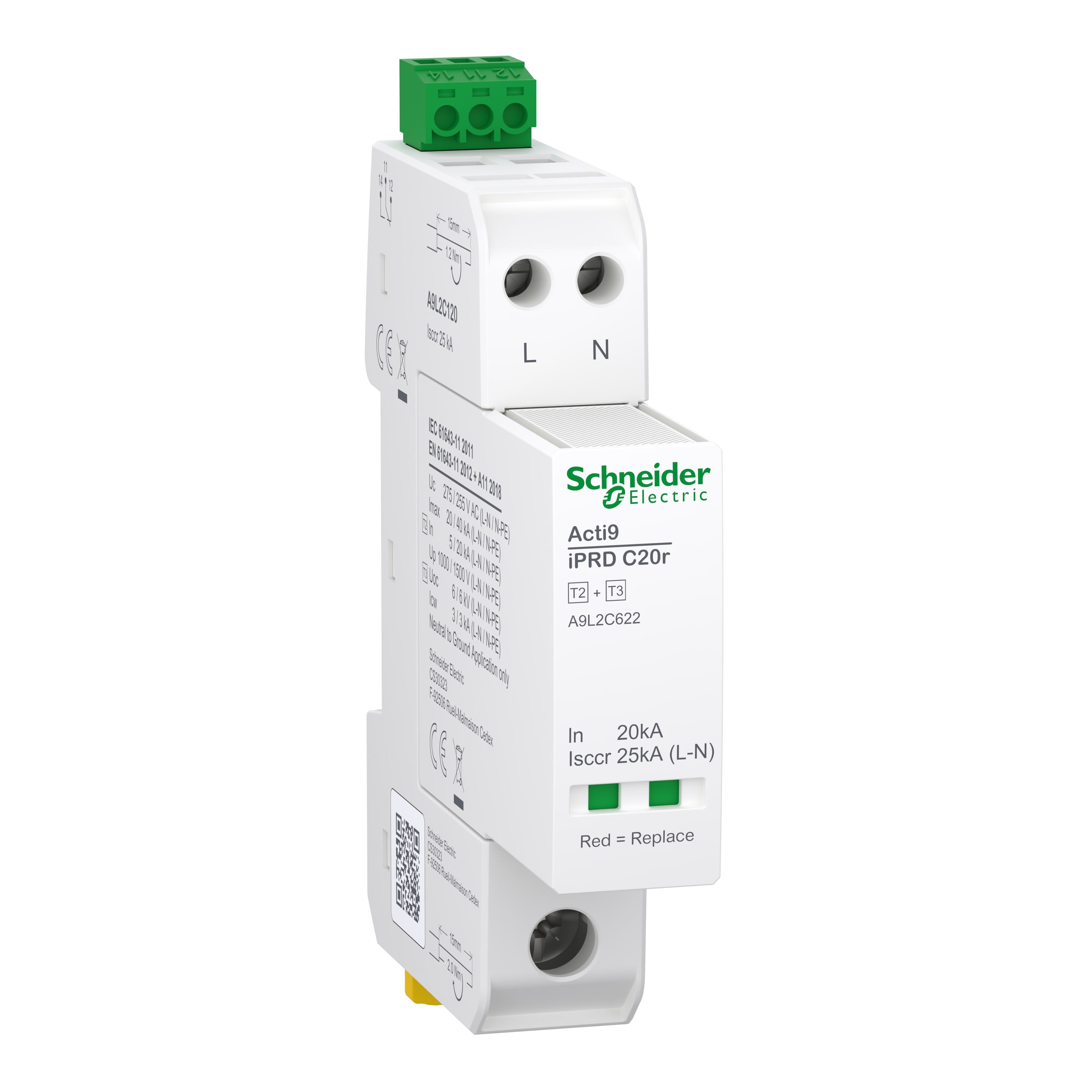 Schneider Electric - Acti9 IPRD C20r Parafoudre Compact 1PN 18mm In=5kA-up=1,5kV Icc=25kA