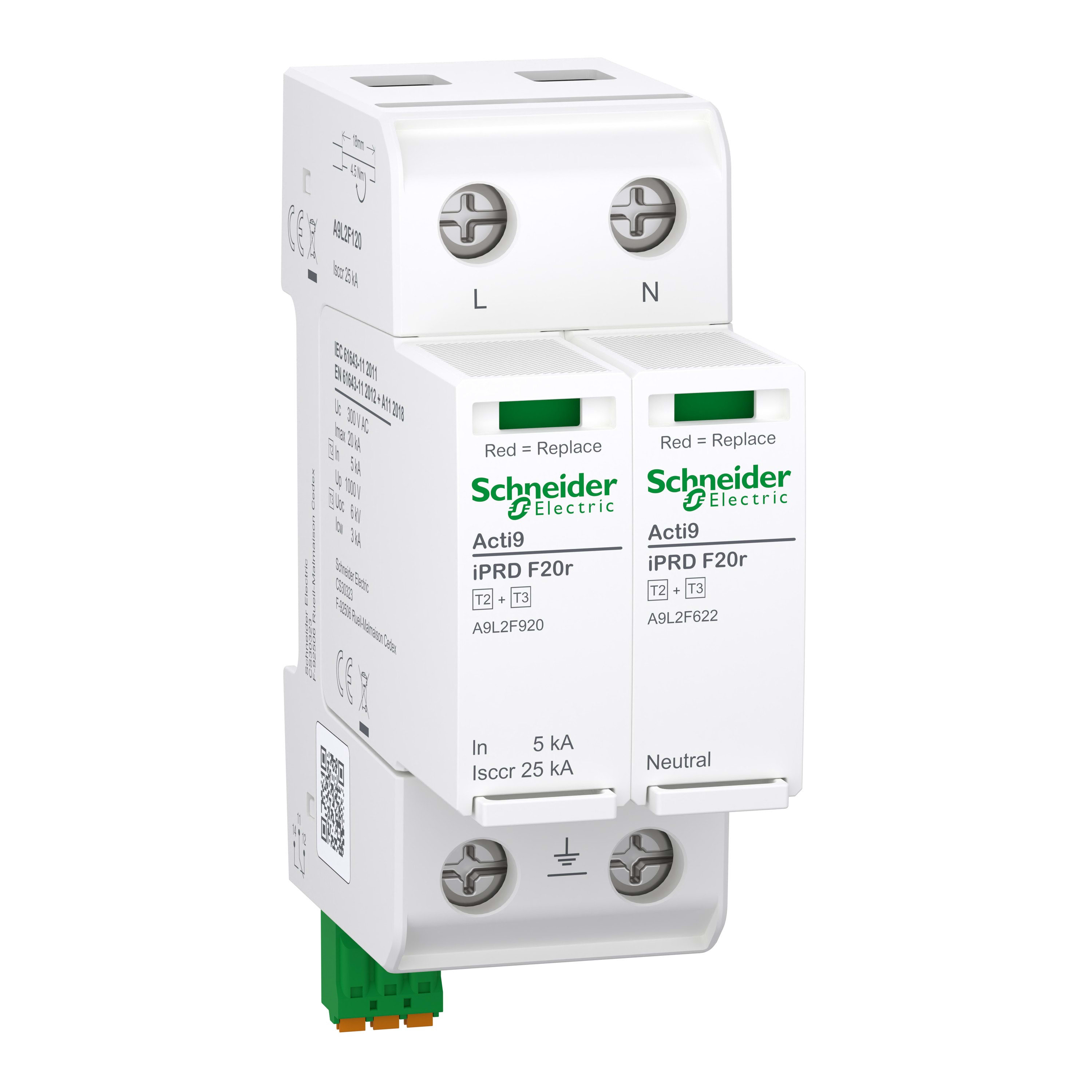 Schneider Electric - Acti9 IPRD F20r Parafoudre autoprotégé 1PN In=5kA Up=1,5kV Icc=25kA