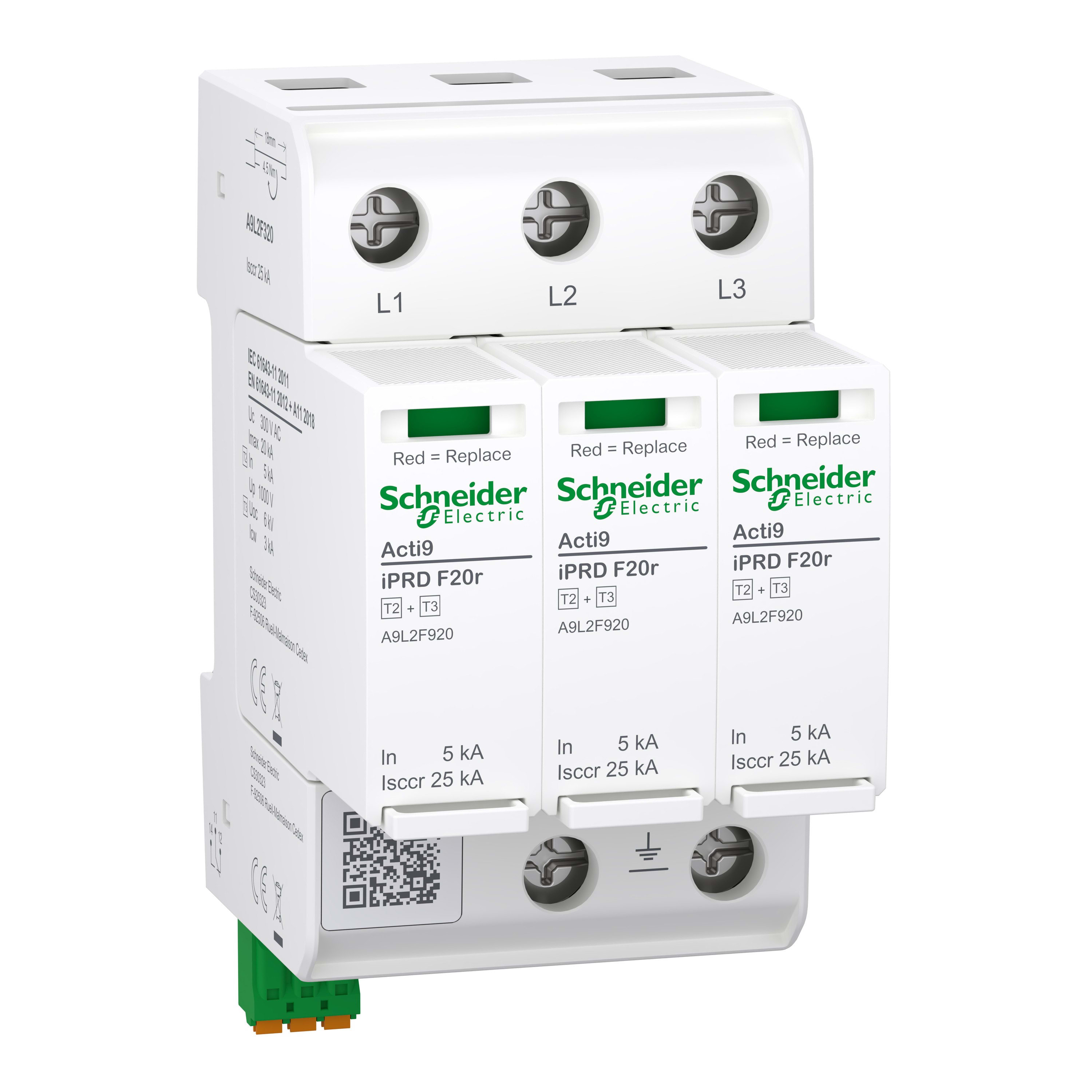Schneider Electric - Acti9 IPRD F20r Parafoudre autoprotégé 3P In=5kA Up=1,5kV Icc=25kA