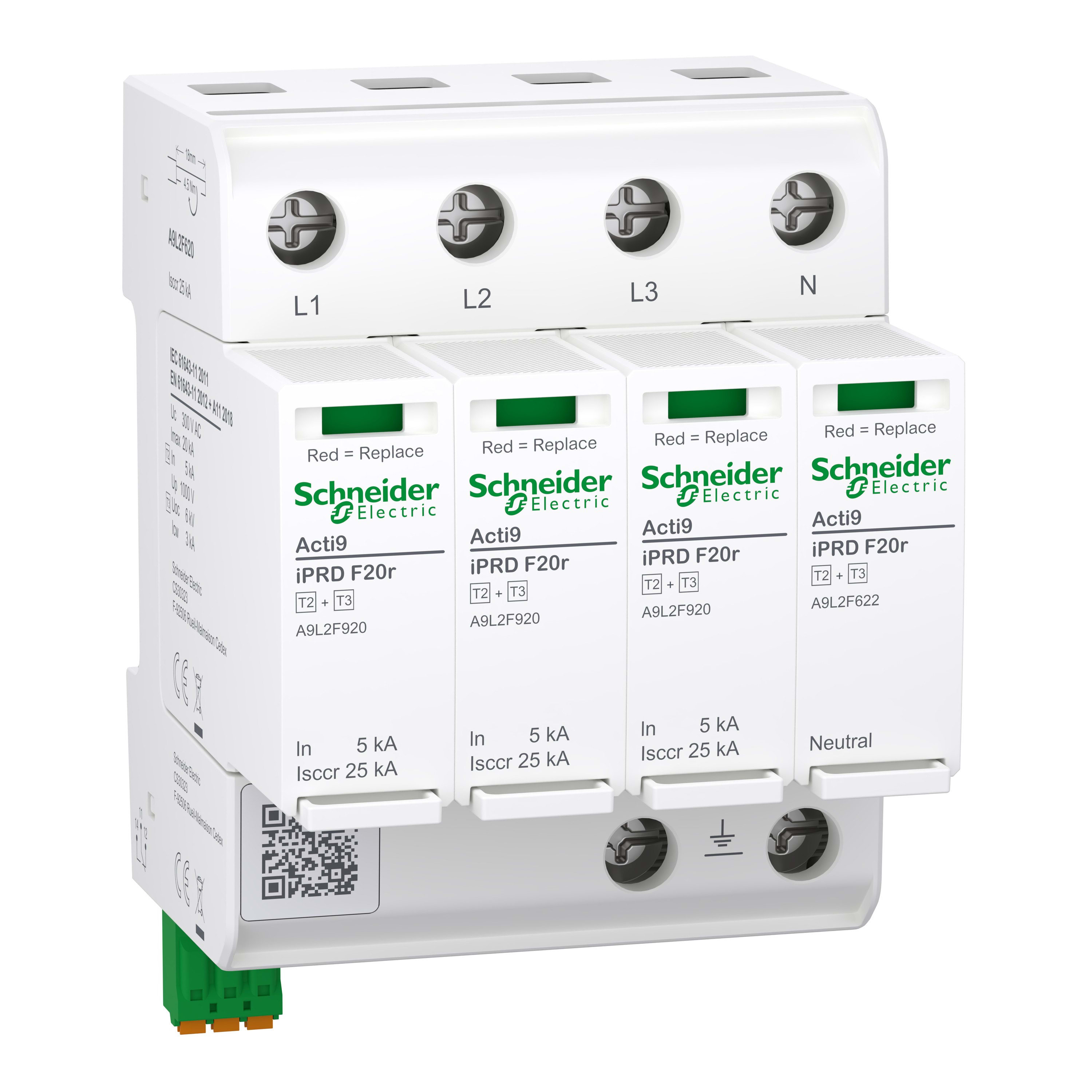 Schneider Electric - Acti9 IPRD F20r Parafoudre autoprotégé 72mm 3PN In=5kA Up=1,5kV Icc=25kA