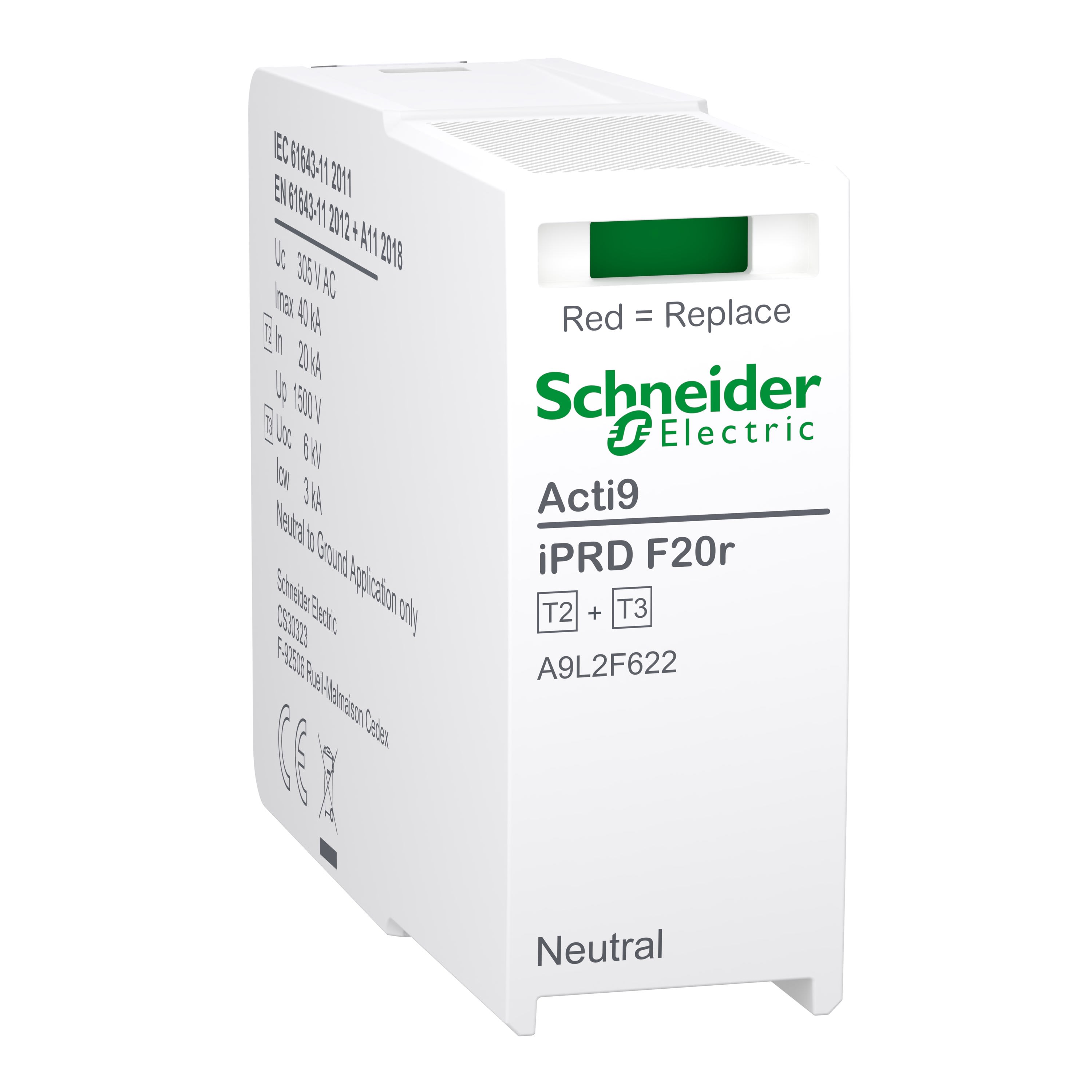 Schneider Electric - Acti9 iPRD F20r, Cartouche débro autoprotégé pour Neutre type 2+3 1PN/3PN