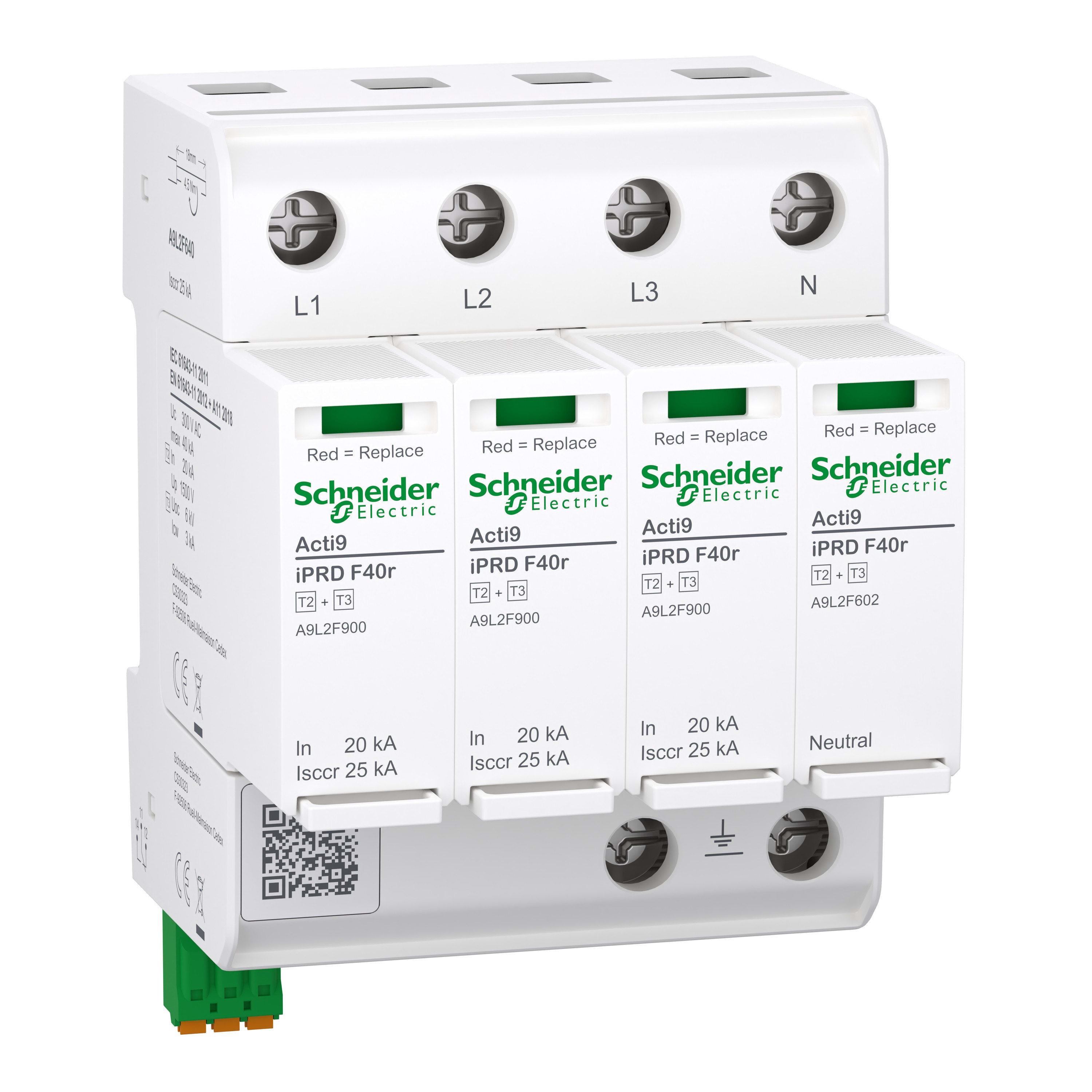 Schneider Electric - Acti9 IPRD F40r Parafoudre autoprotégé 3PN In=20kA Up=1,5kV Icc=25kA