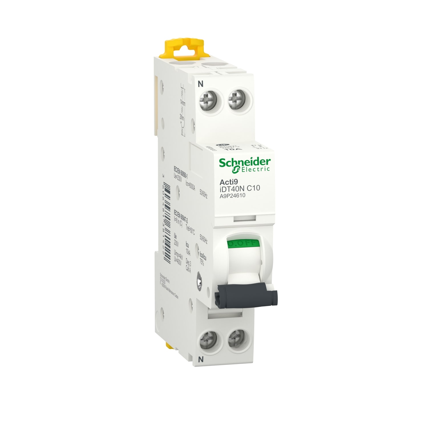 Schneider Electric - Acti9 iDT40N - Disjoncteur modulaire - 1P+N - 10A - Courbe C - 6000A-10kA