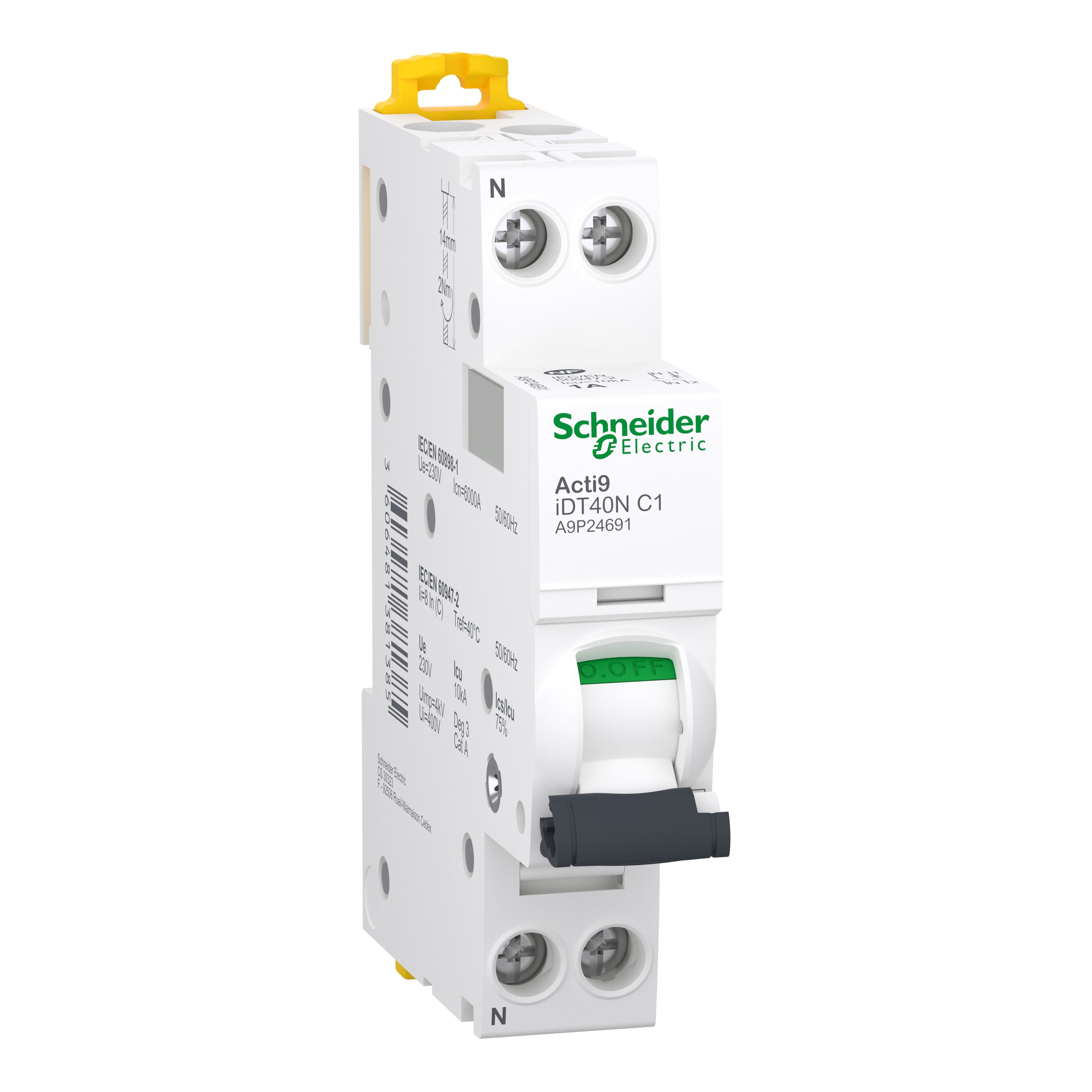 Schneider Electric - Acti9 iDT40N - Disjoncteur modulaire - 1P+N - 1A New - Courbe C - 6000A/10kA